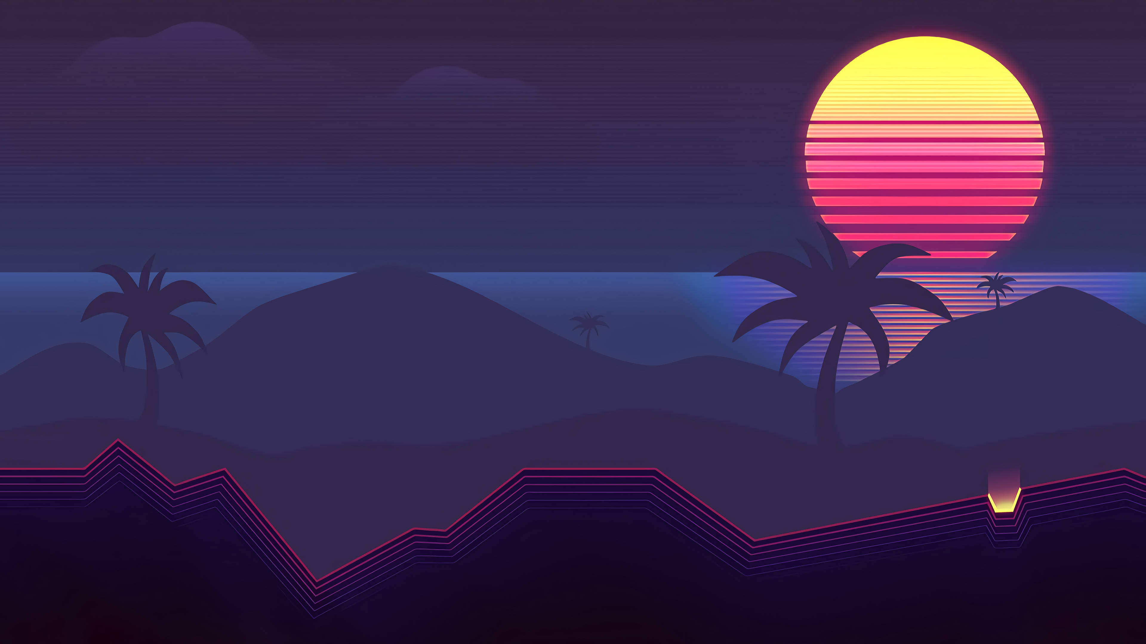Sunset, orange and pink sun, purple mountains, 4K Desktop Wallpaper