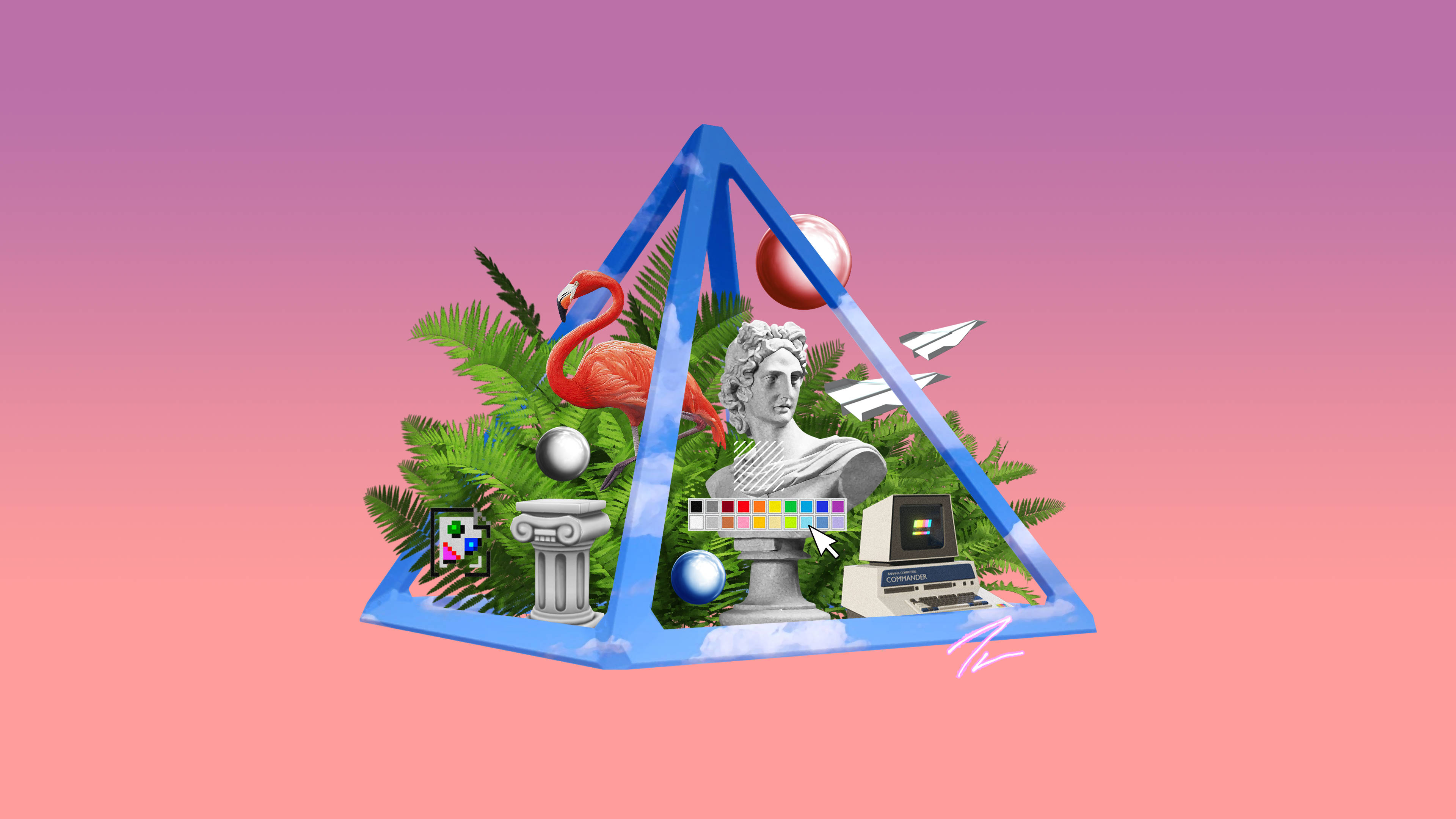 blue pyramid, flamingo, classical bust, 4K Desktop Wallpaper