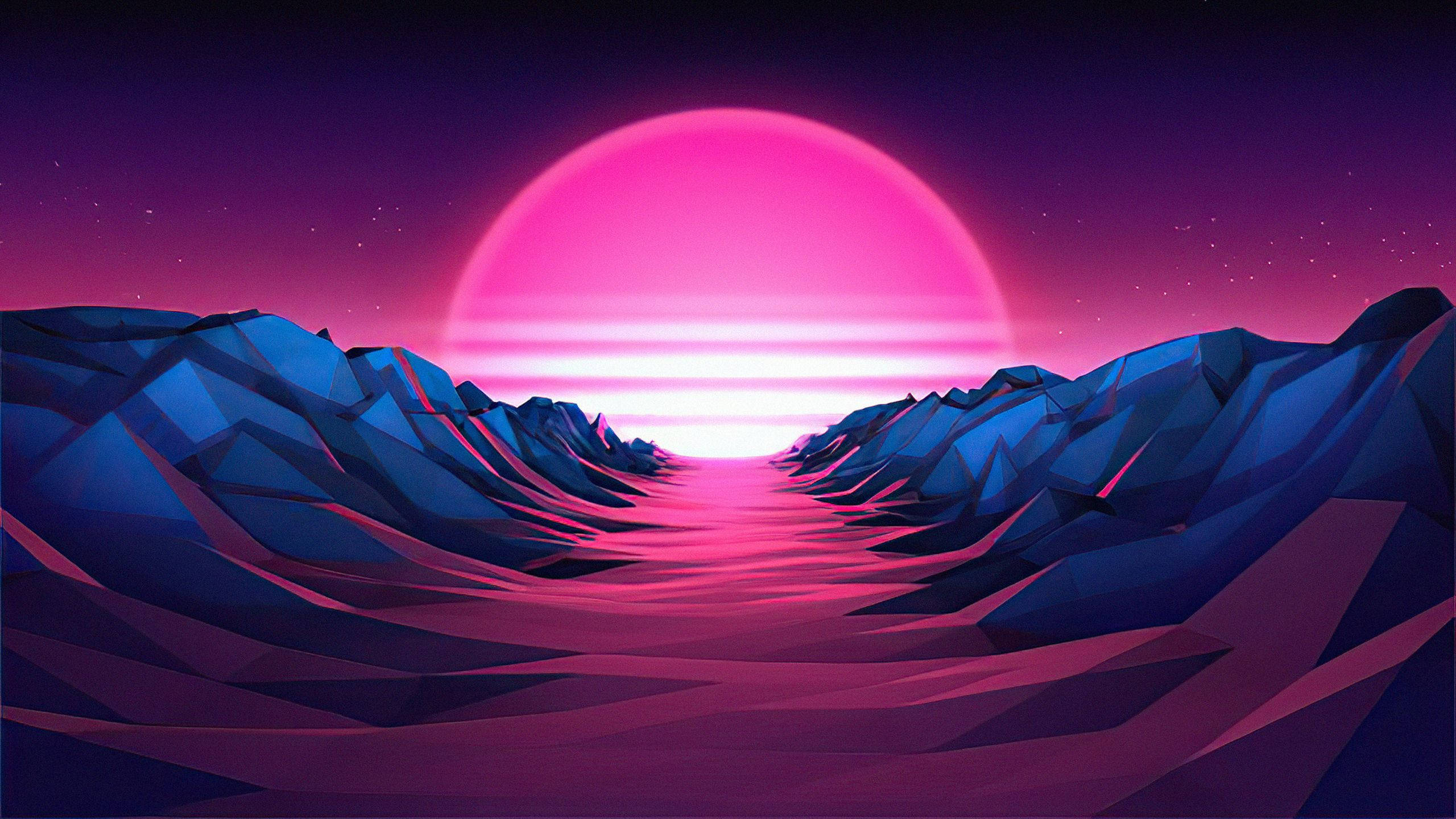 sunset horizon, neon pink sunset light, starry purple sky, 2K Desktop Wallpaper