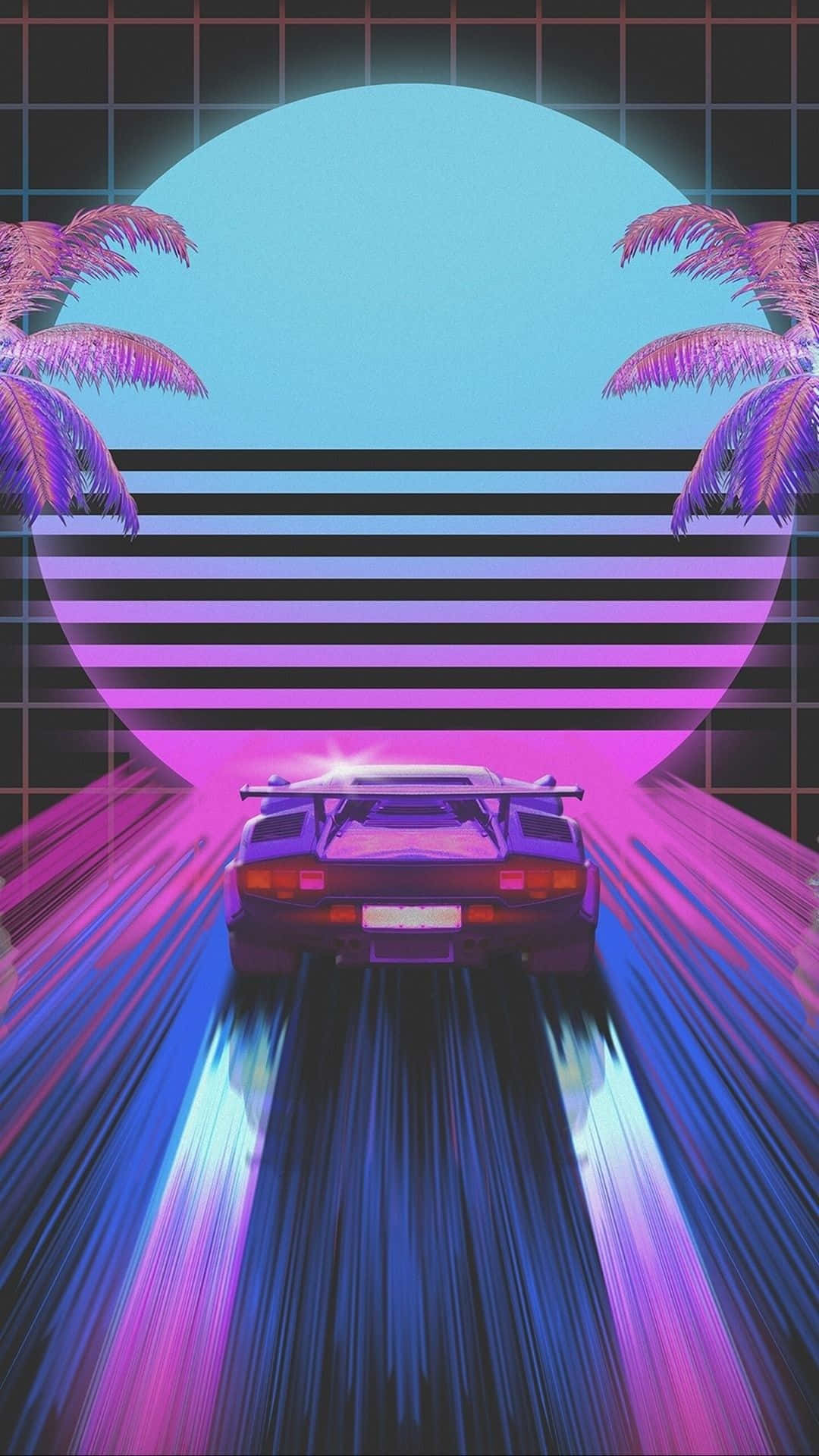 Vaporwave iPhone, purple sports car, glowing retro sun, Full HD Phone Wallpaper