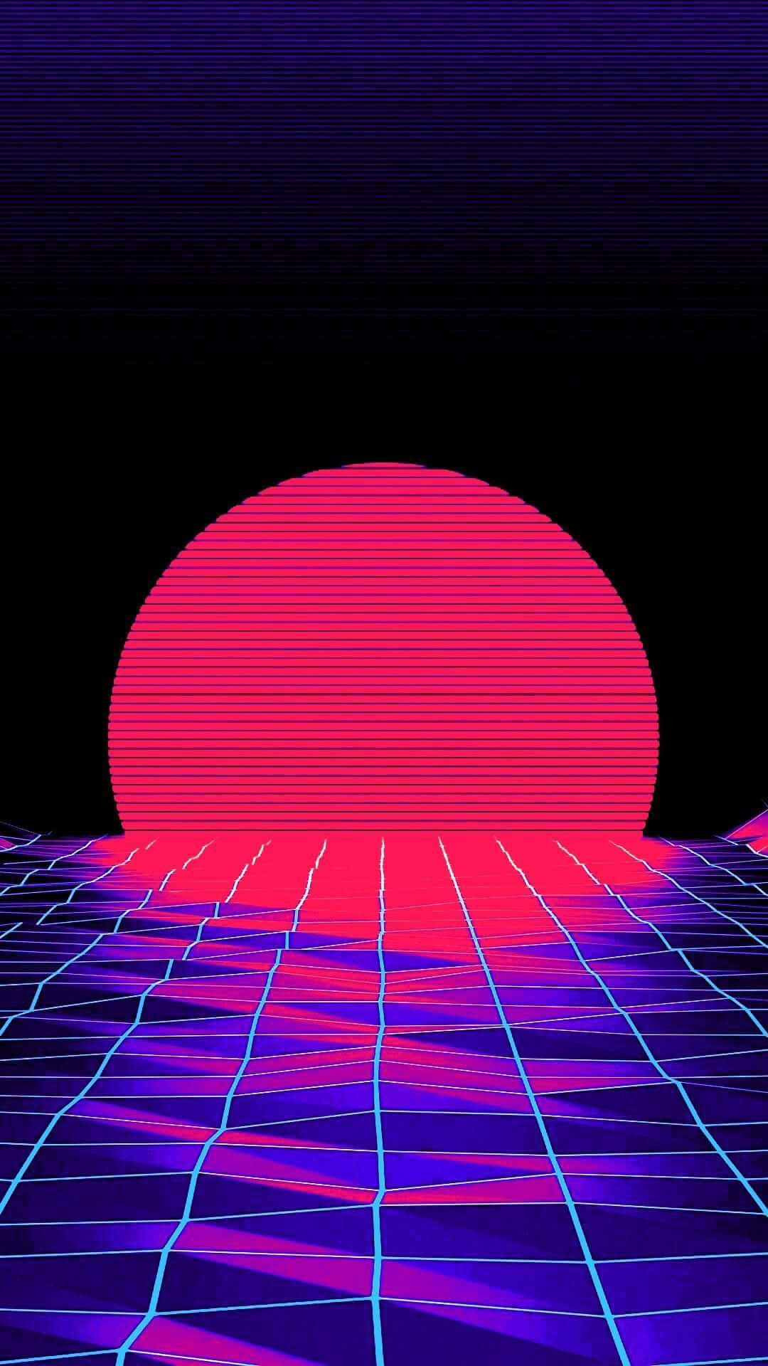 Vaporwave iPhone, glowing pink sun, neon grid floor, Full HD Phone Wallpaper