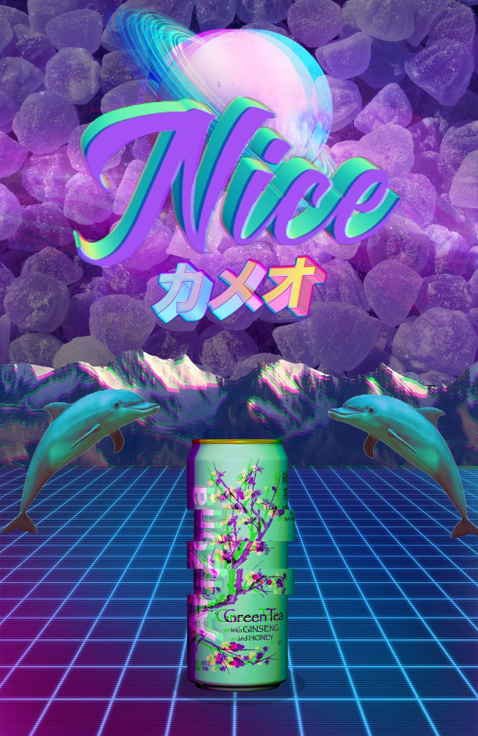 Vaporwave iPhone, neon-lit can of green tea, glowing grid, Full HD Phone Wallpaper