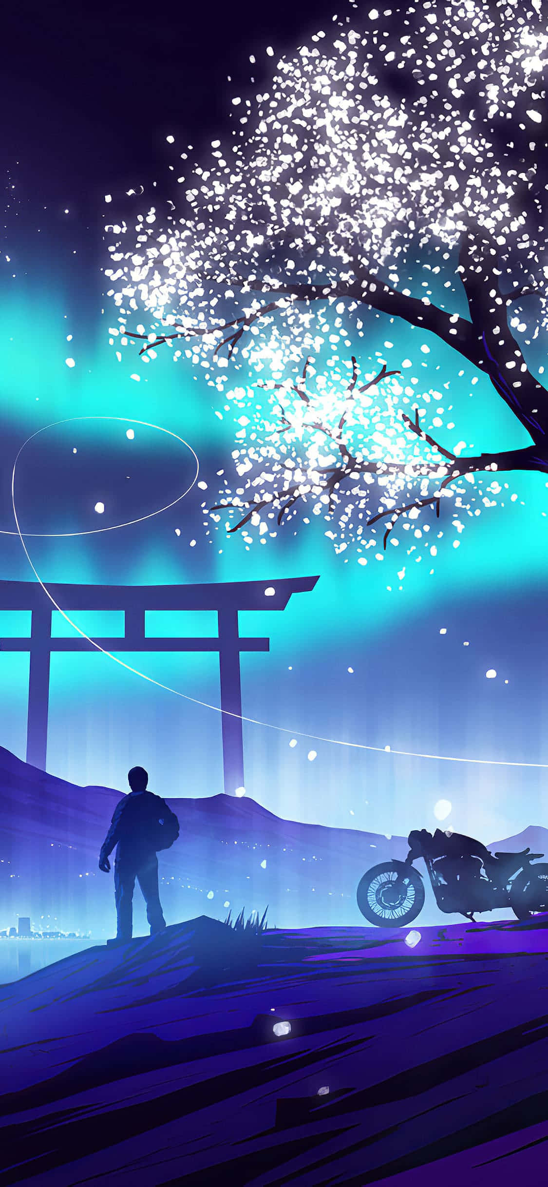 Vaporwave iPhone, motorcycle, glowing cherry blossom tree, Full HD Phone Wallpaper
