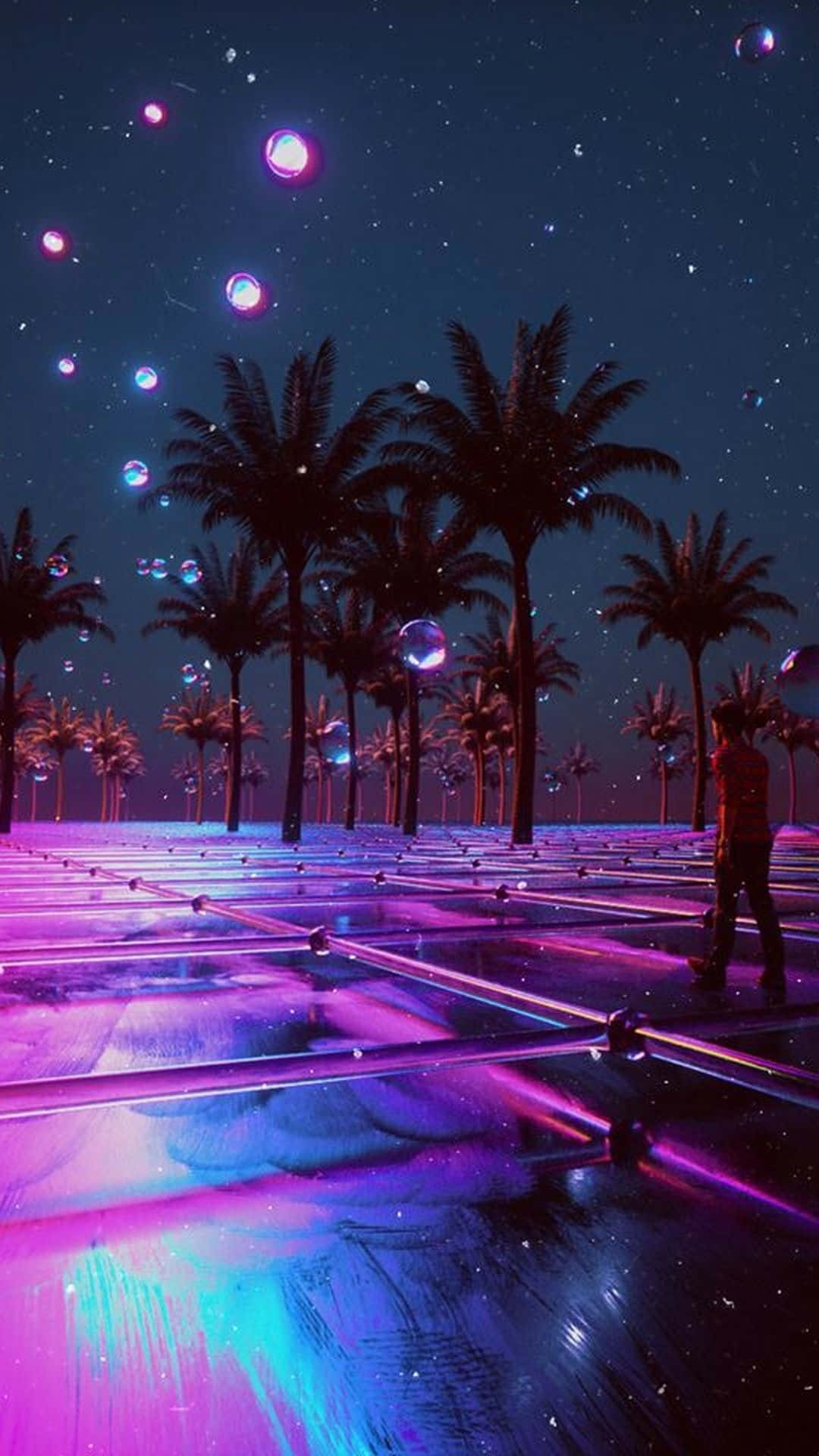 iPhone, neon grid, starry night sky, Full HD Phone Wallpaper