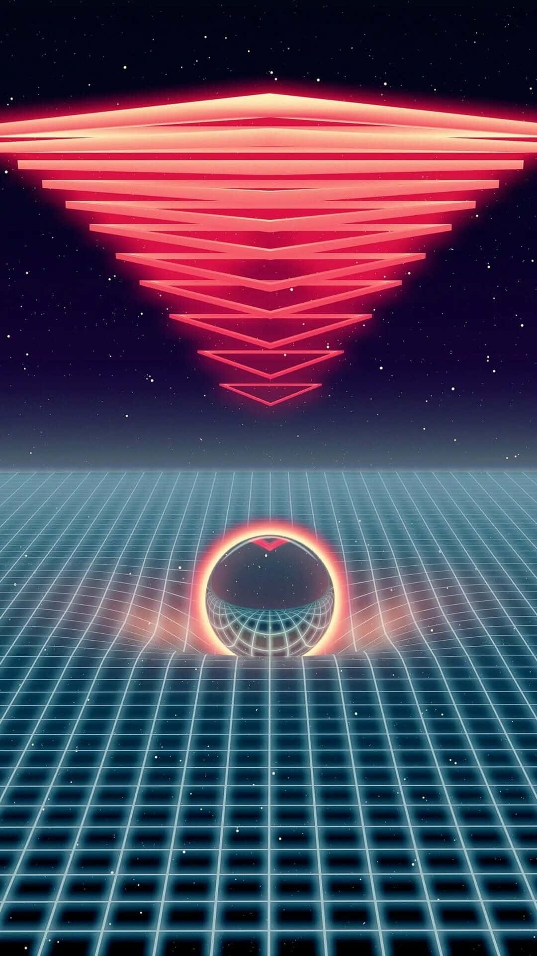 vaporwave iPhone, glowing red geometric pyramid, blue grid floor, Full HD Phone Wallpaper