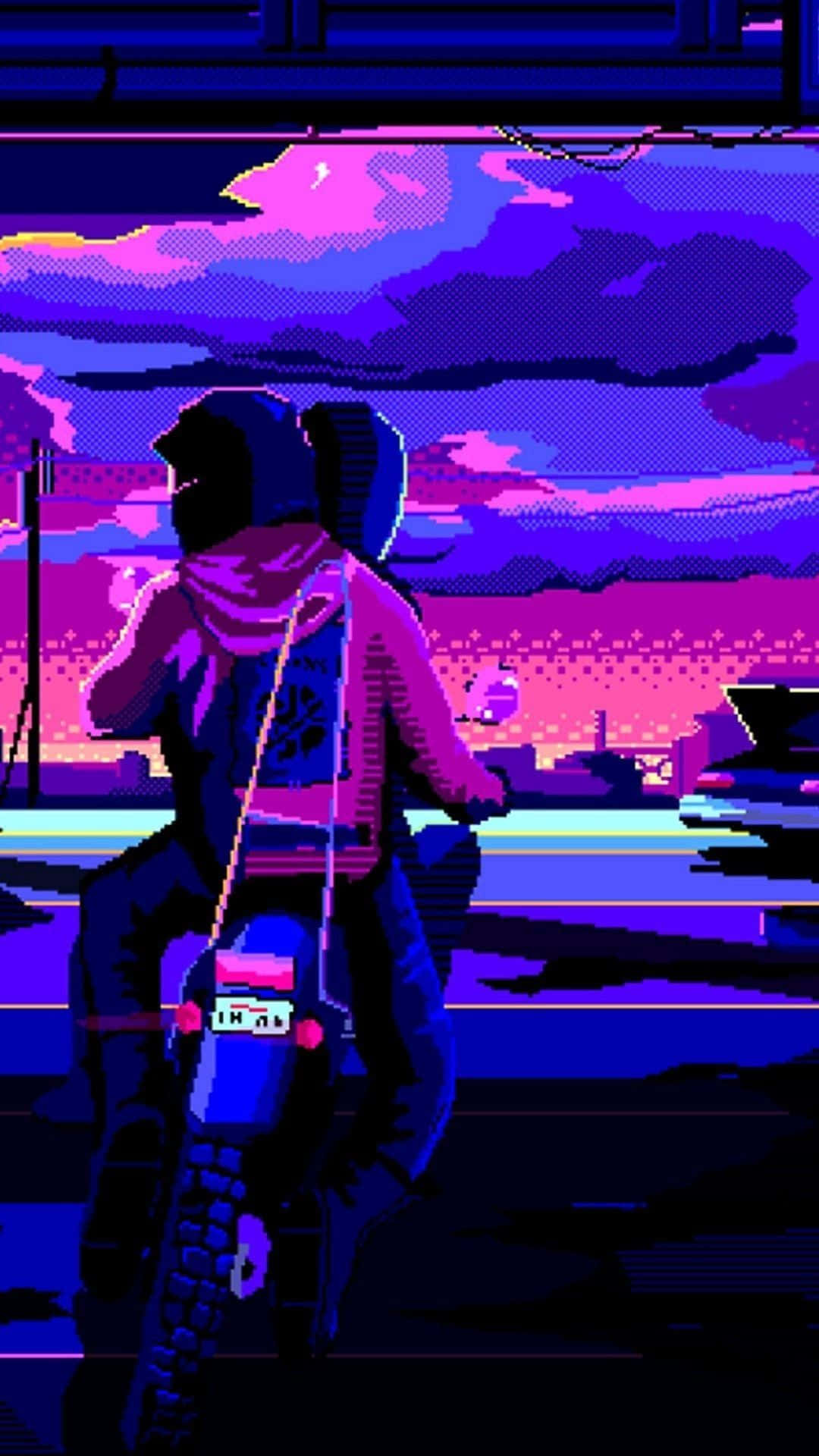 Vaporwave iPhone, neon-drenched urban twilight, vibrant purple and pink skies, Full HD Phone Wallpaper