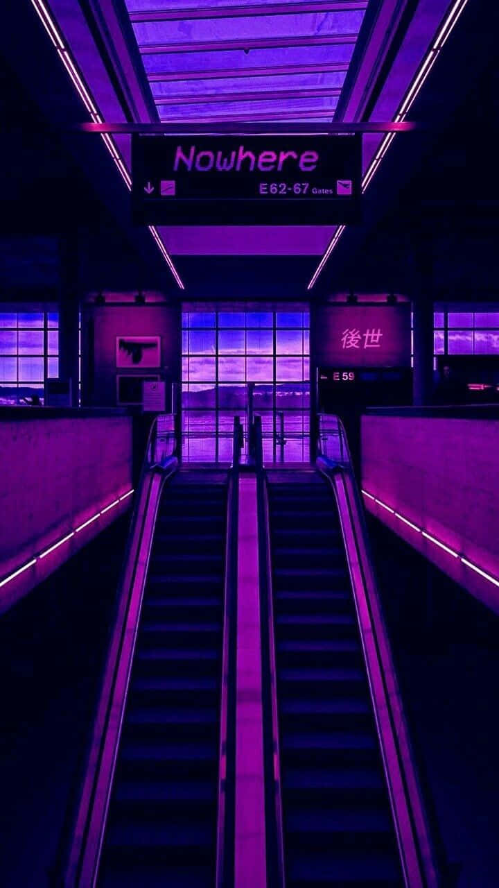 Vaporwave-style iPhone, neon purple light, glowing 'Nowhere' sign, HD Phone Wallpaper