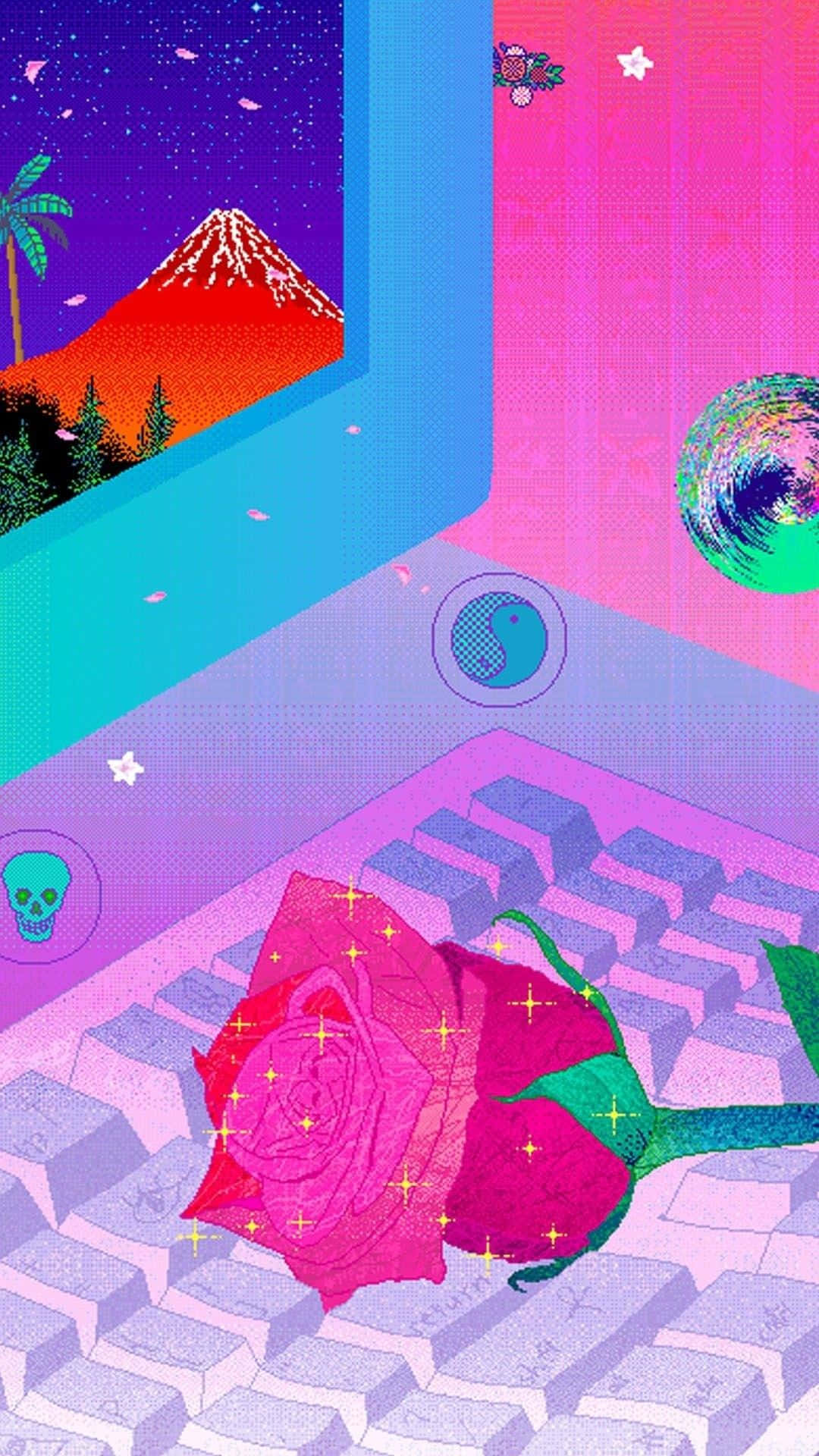 Vaporwave iPhone, glowing pink rose, keyboard, Full HD Phone Wallpaper
