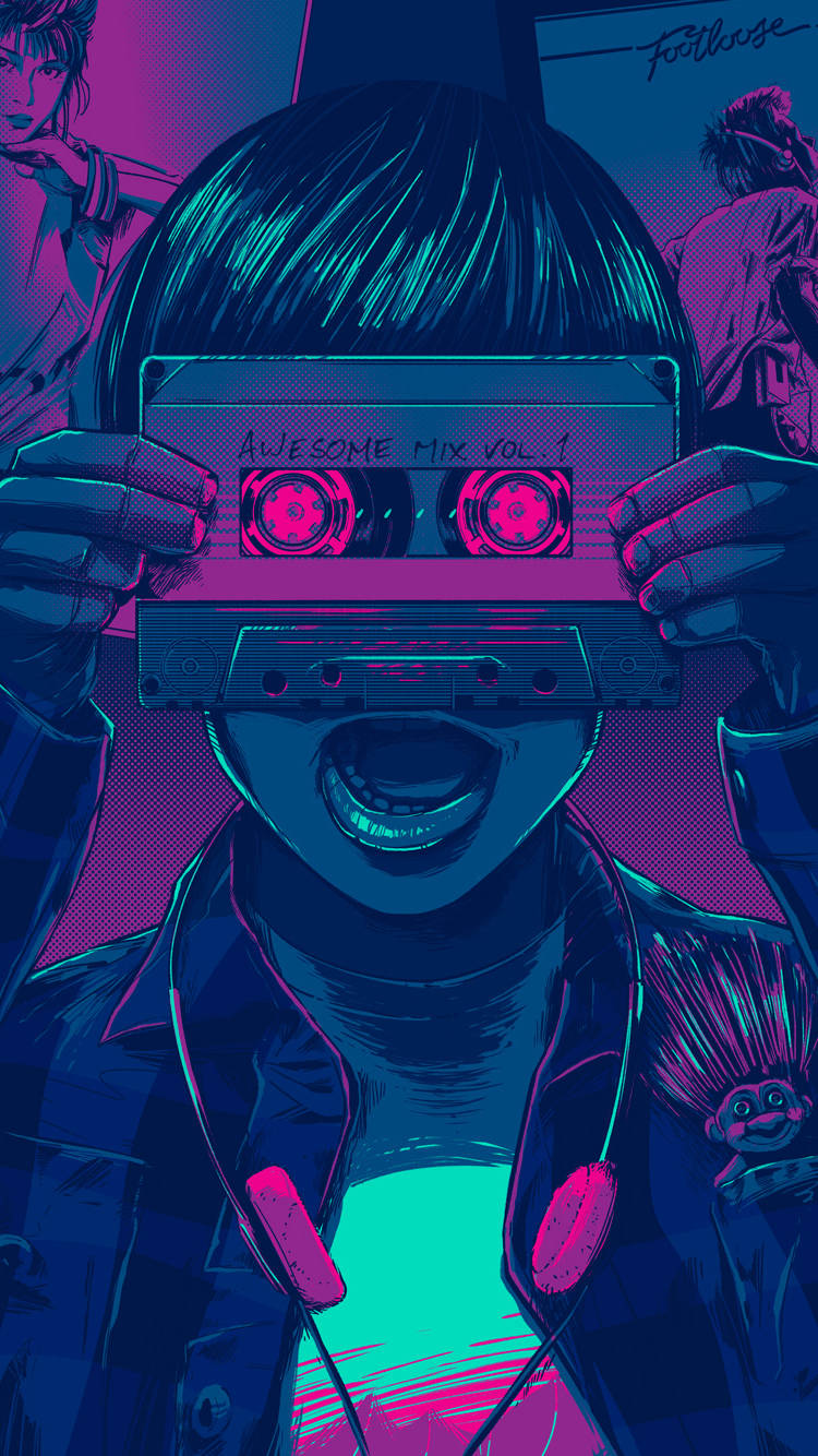 Vaporwave Cassette Tape Illustration iPhone, glowing cassette tape, vibrant neon background, HD Phone Wallpaper