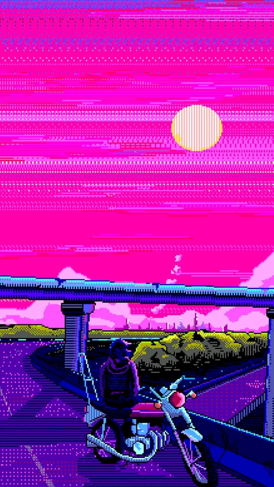Vaporwave iPhone, motorcycle, pink sunset, Full HD Phone Wallpaper