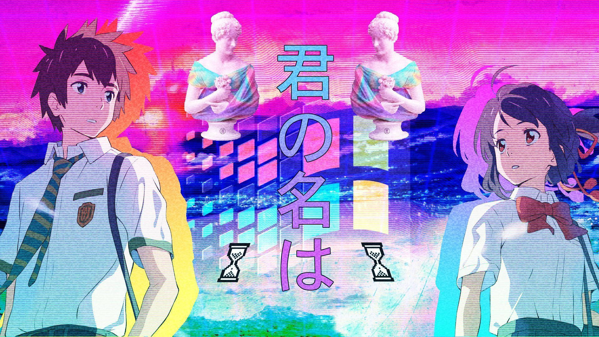 vaporwave, glitchy pink and blue background, Japanese text, Full HD Desktop Wallpaper