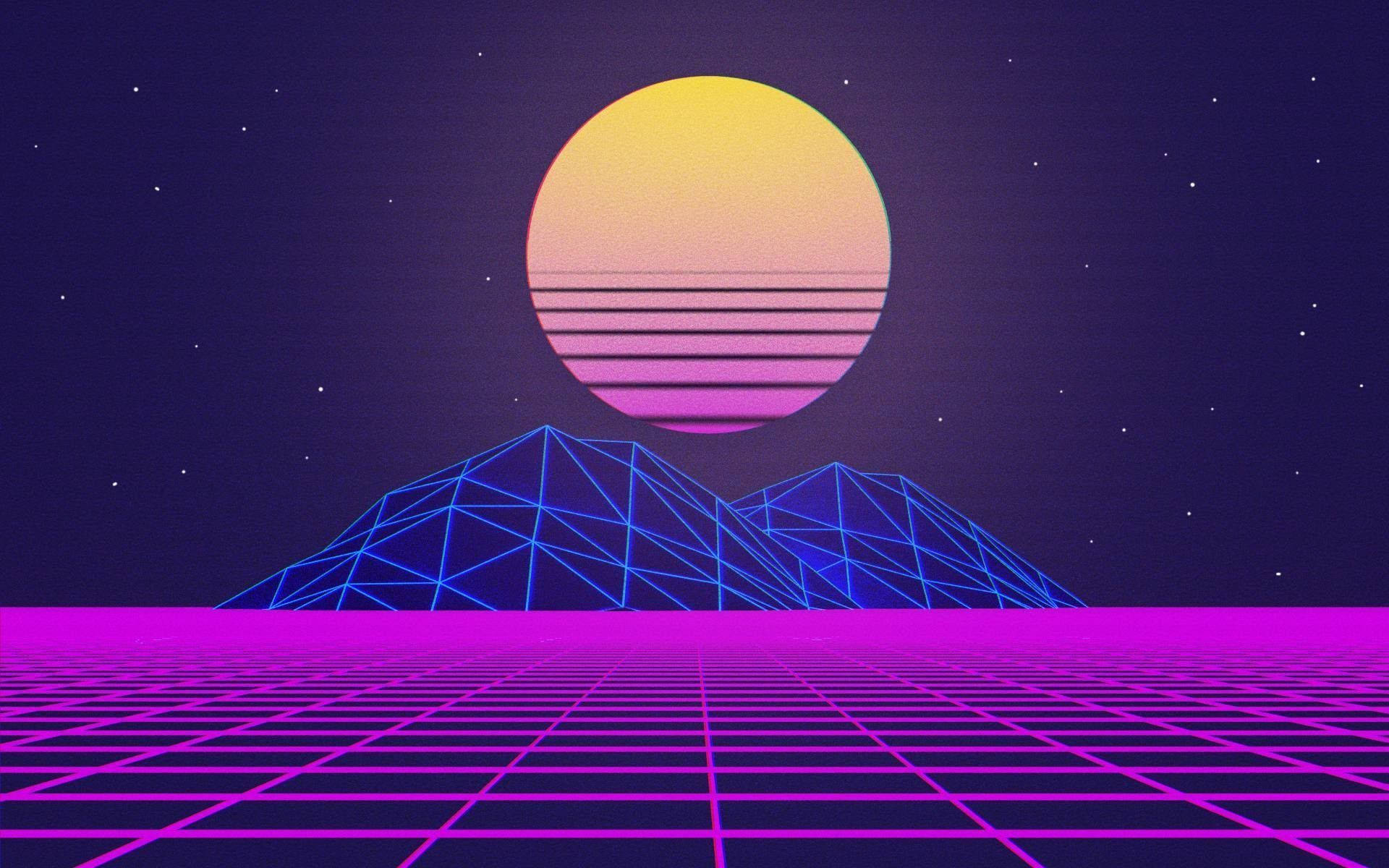 neon moon, glowing purple grid terrain, blue wireframe mountains, Full HD Desktop Wallpaper