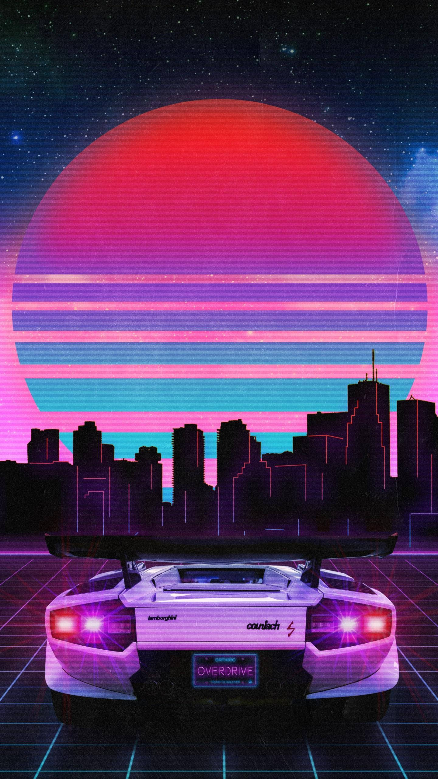 JDM car, vaporwave sunset, neon grid, 2K Phone Wallpaper