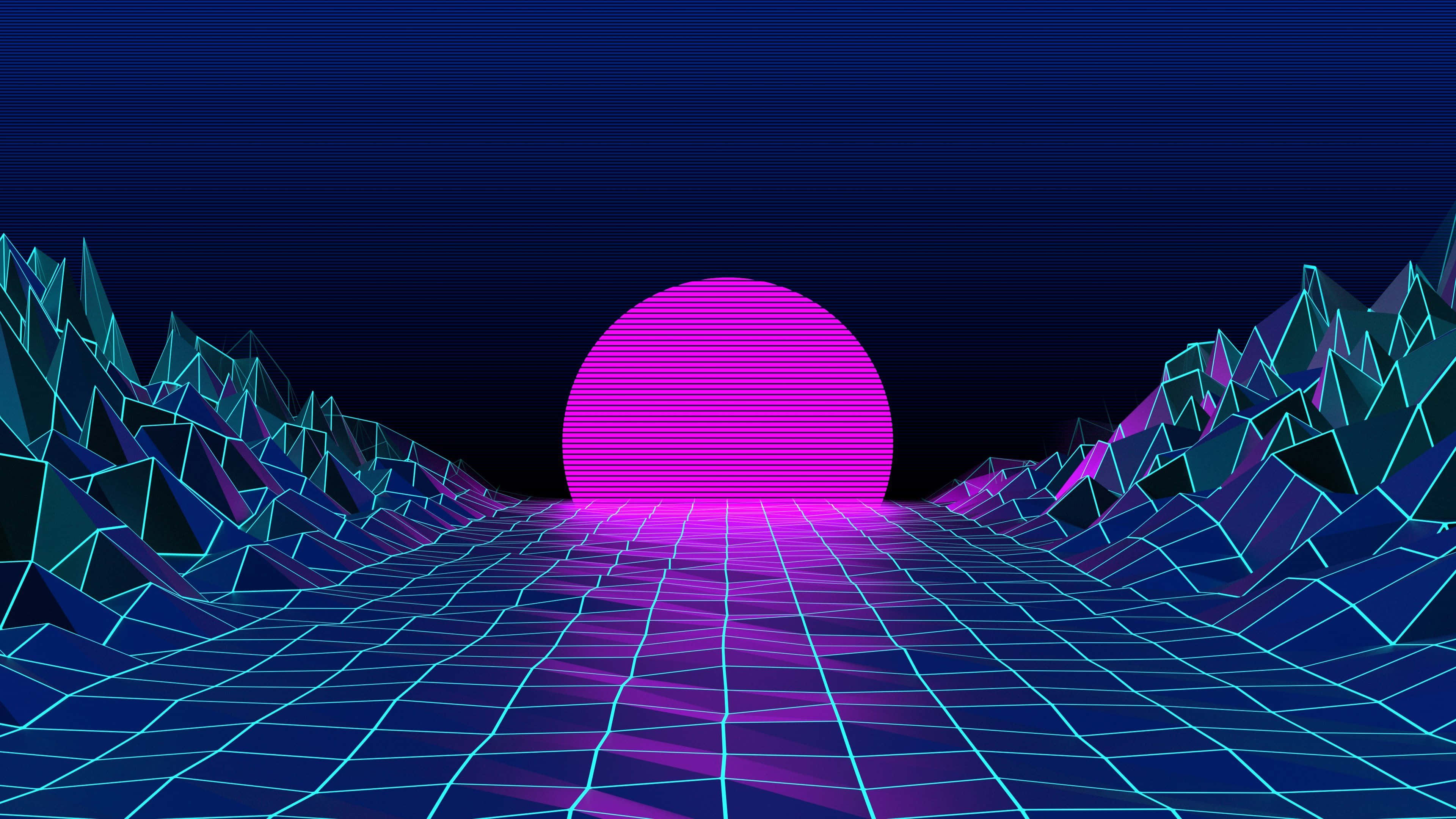 neon pink sun, glowing geometric mountains, retrofuturistic grid landscape, 4K Desktop Wallpaper
