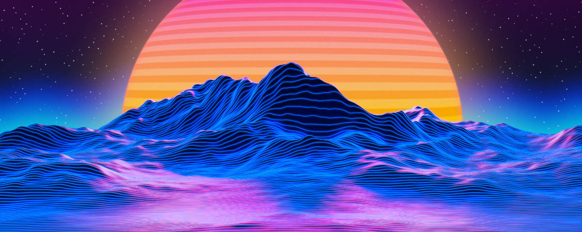 neon mountain range, glowing blue and pink stripes, massive striped sunset, SD Desktop Wallpaper