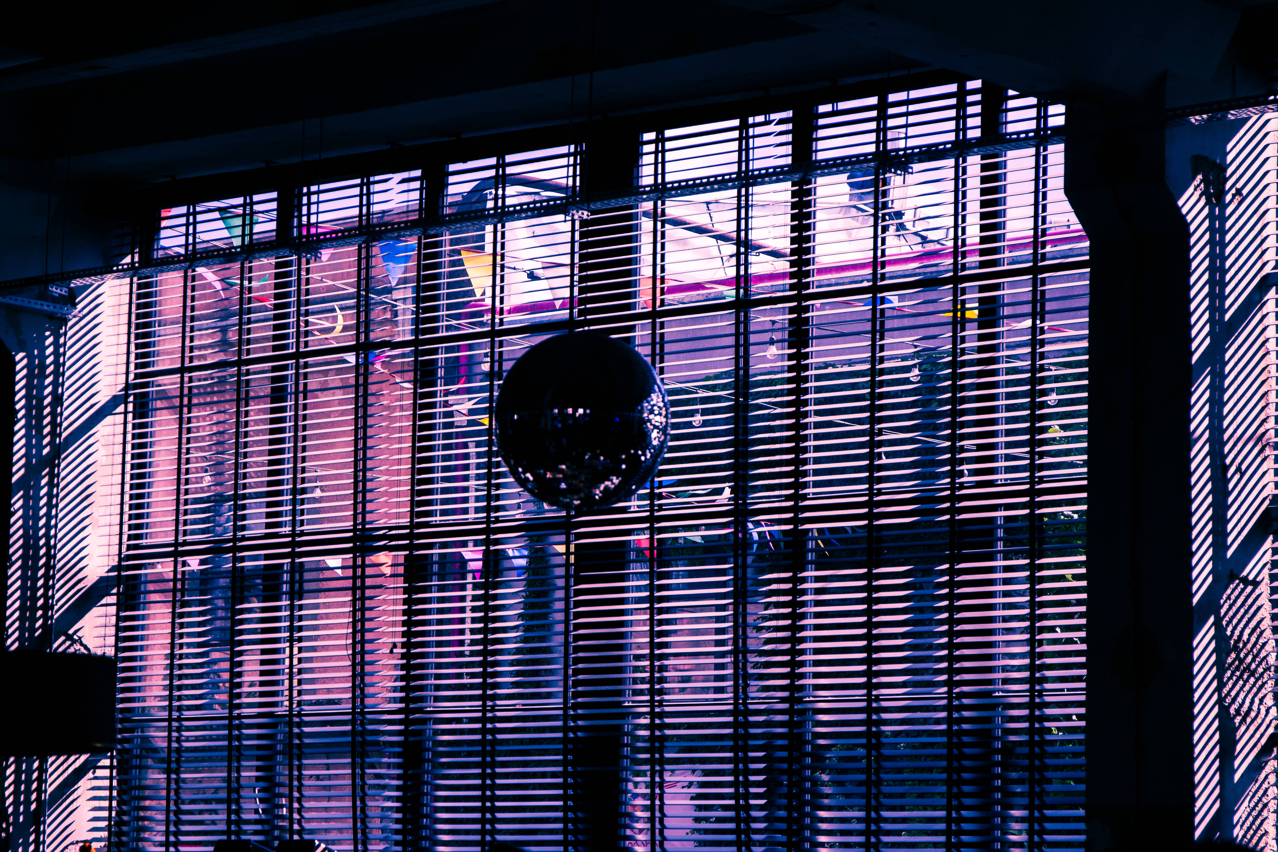 disco ball, dark blinds, purple light, 5K Desktop Wallpaper