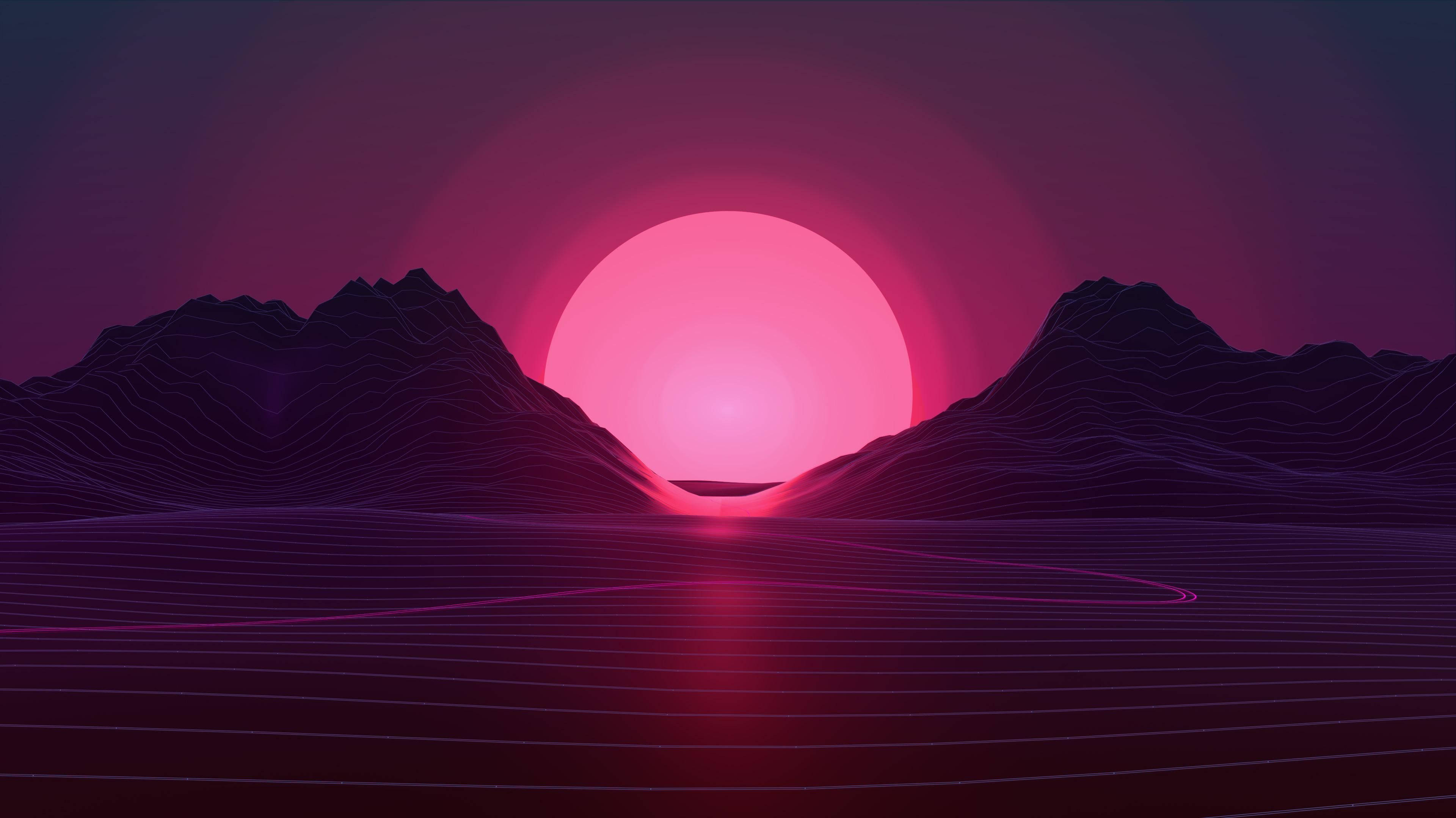 retro sunset, glowing pink sun, purple mountains, 4K Desktop Wallpaper