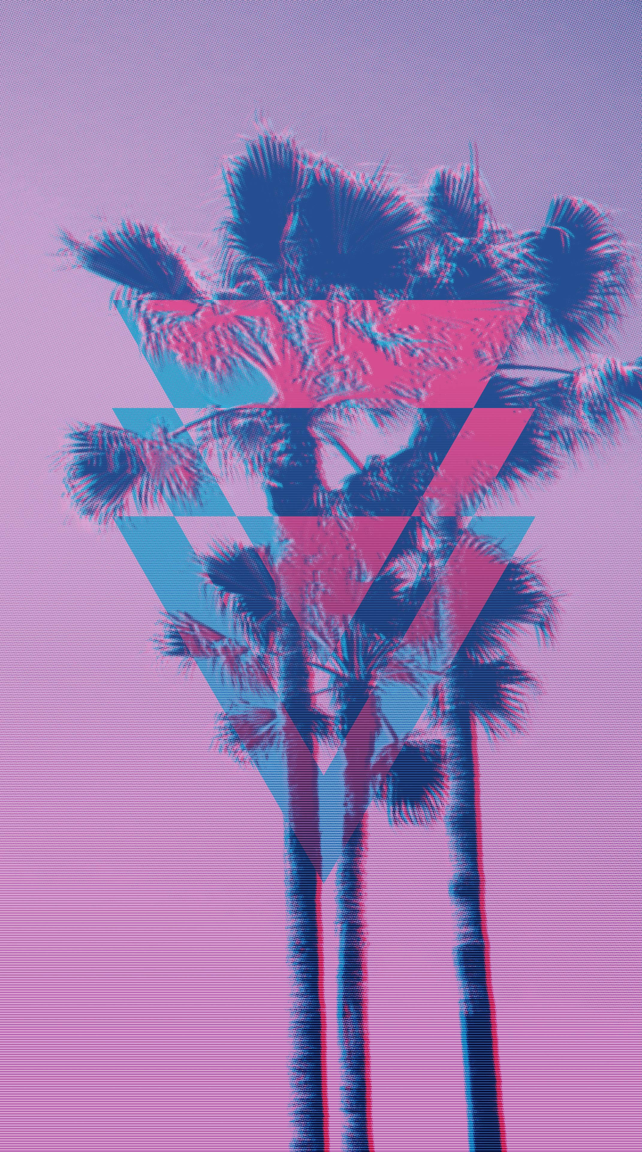 coconut tree, pink and blue triangles, gradient purple sky, 4K Phone Wallpaper