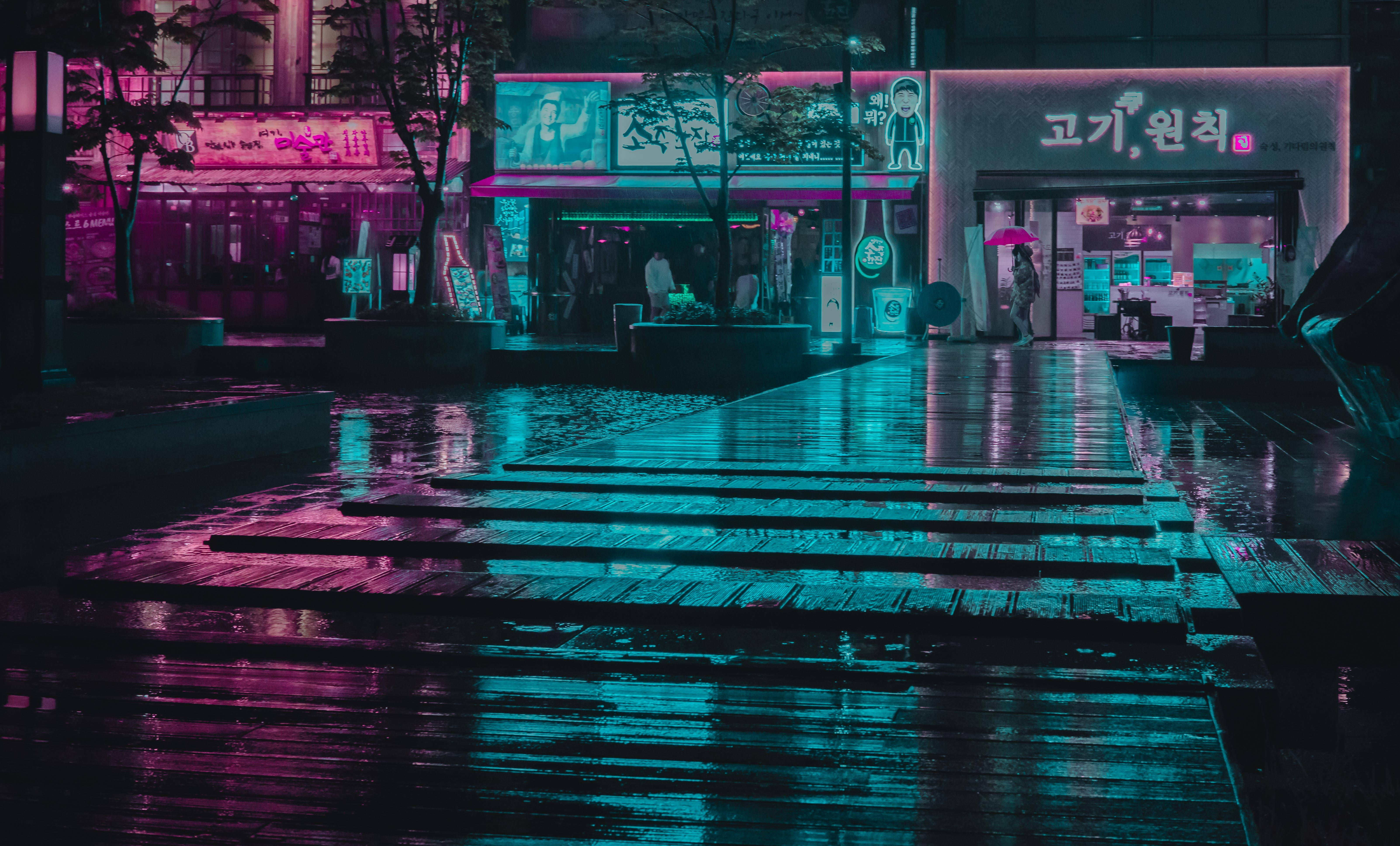 4K Ultra HD, dark vaporwave, rain-slicked urban street, 5K Desktop Wallpaper