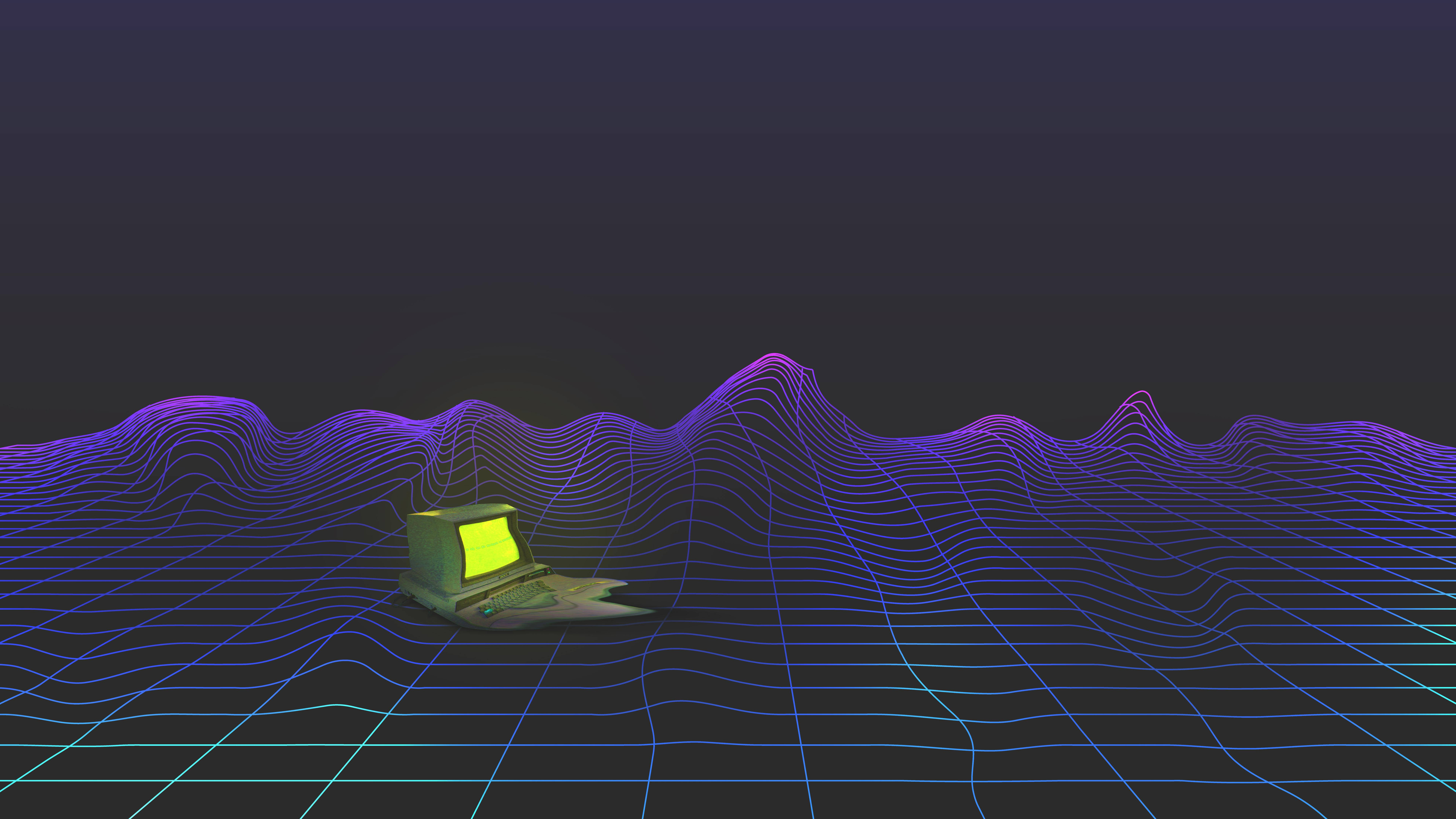 vaporwave, retro laptop, glowing green screen, 8K Desktop Wallpaper