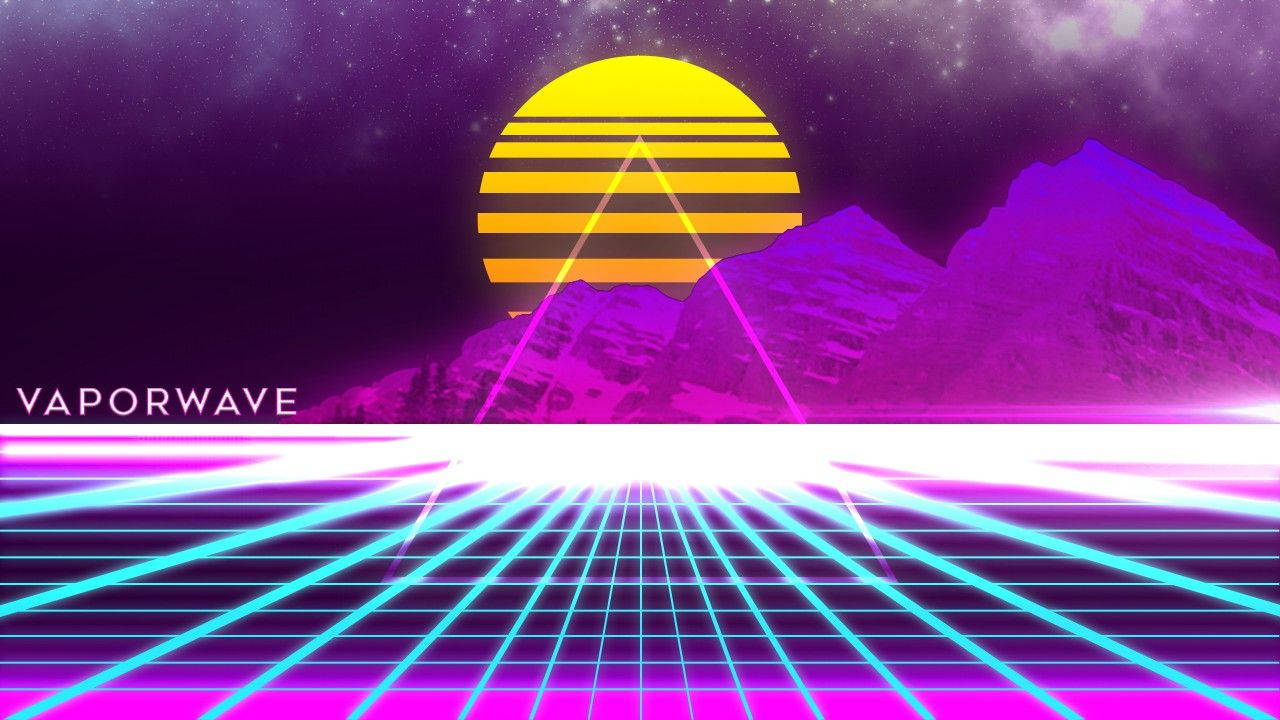 Vaporwave, neon grid, striped yellow sun, HD Desktop Wallpaper