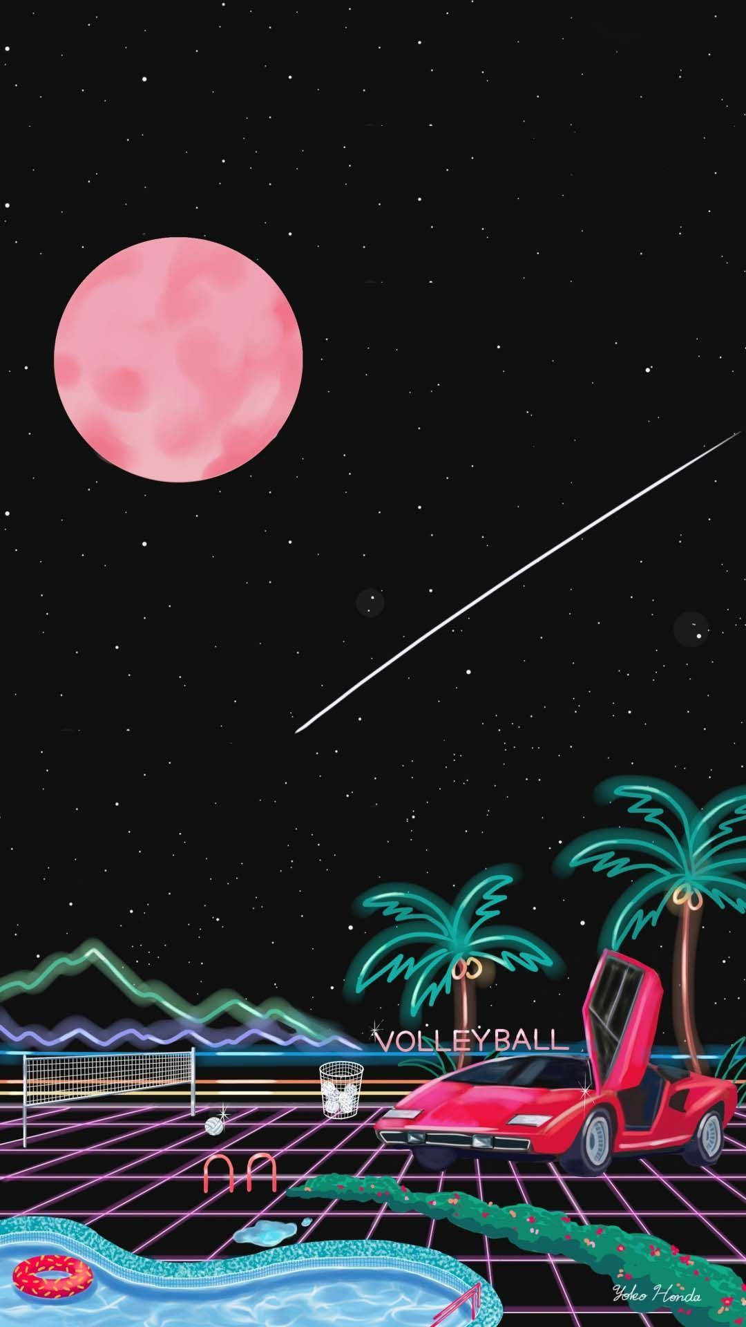vintage iPhone, pink moon, neon palm trees, Full HD Phone Wallpaper