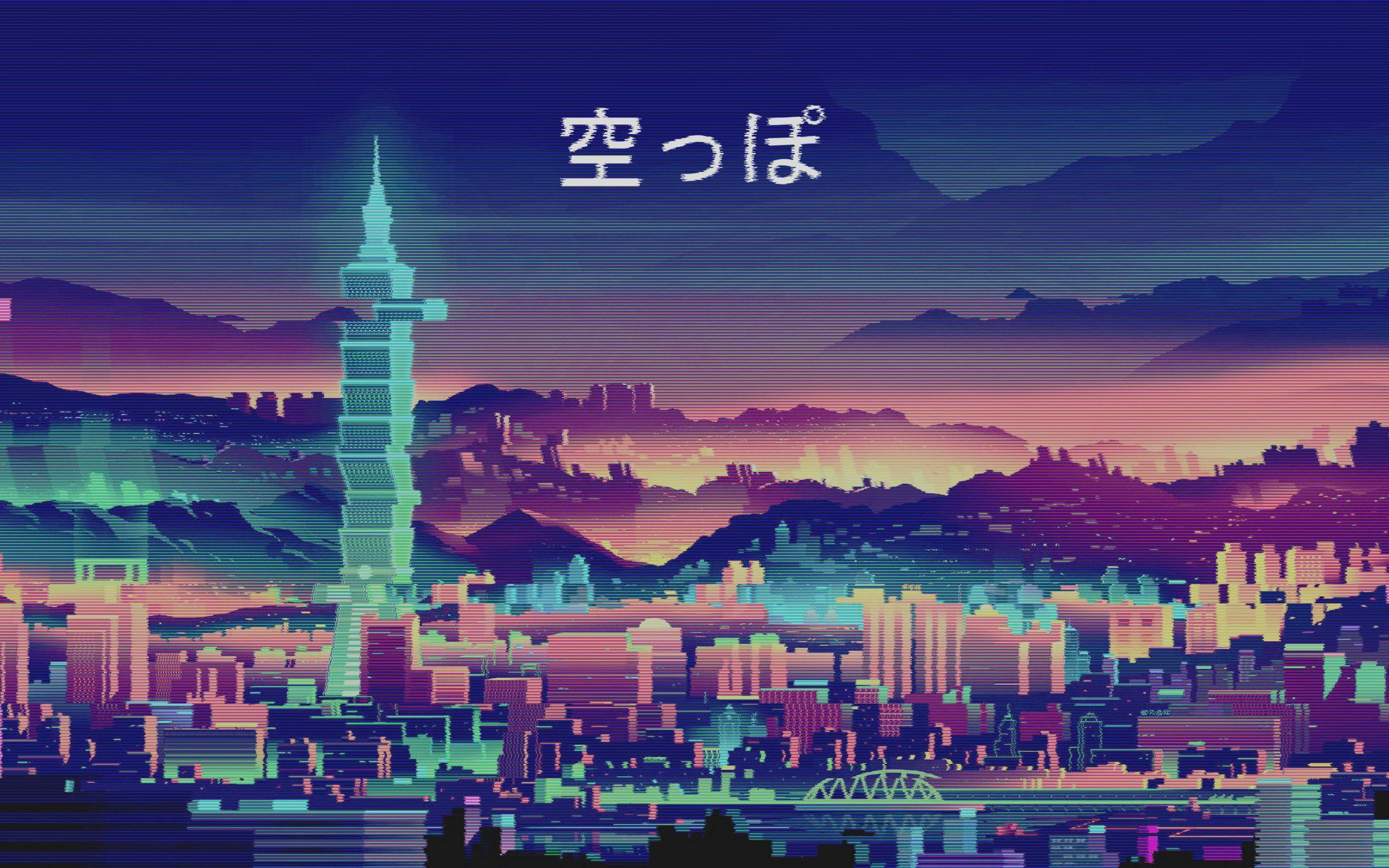 Anime Vapor Wave City Cover, pixel-art cityscape, dusk, 2K Desktop Wallpaper