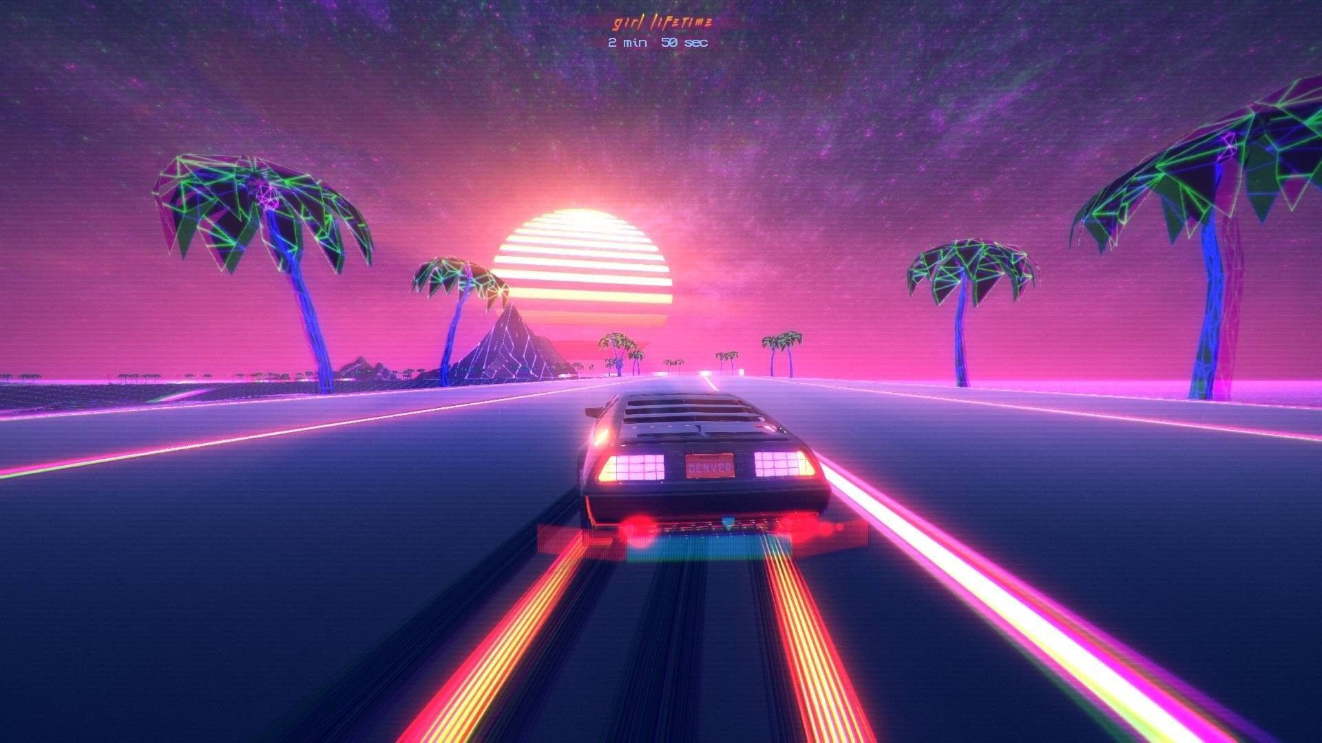 vaporwave, retrofuturistic sports car, glowing neon highway, Full HD Desktop Wallpaper