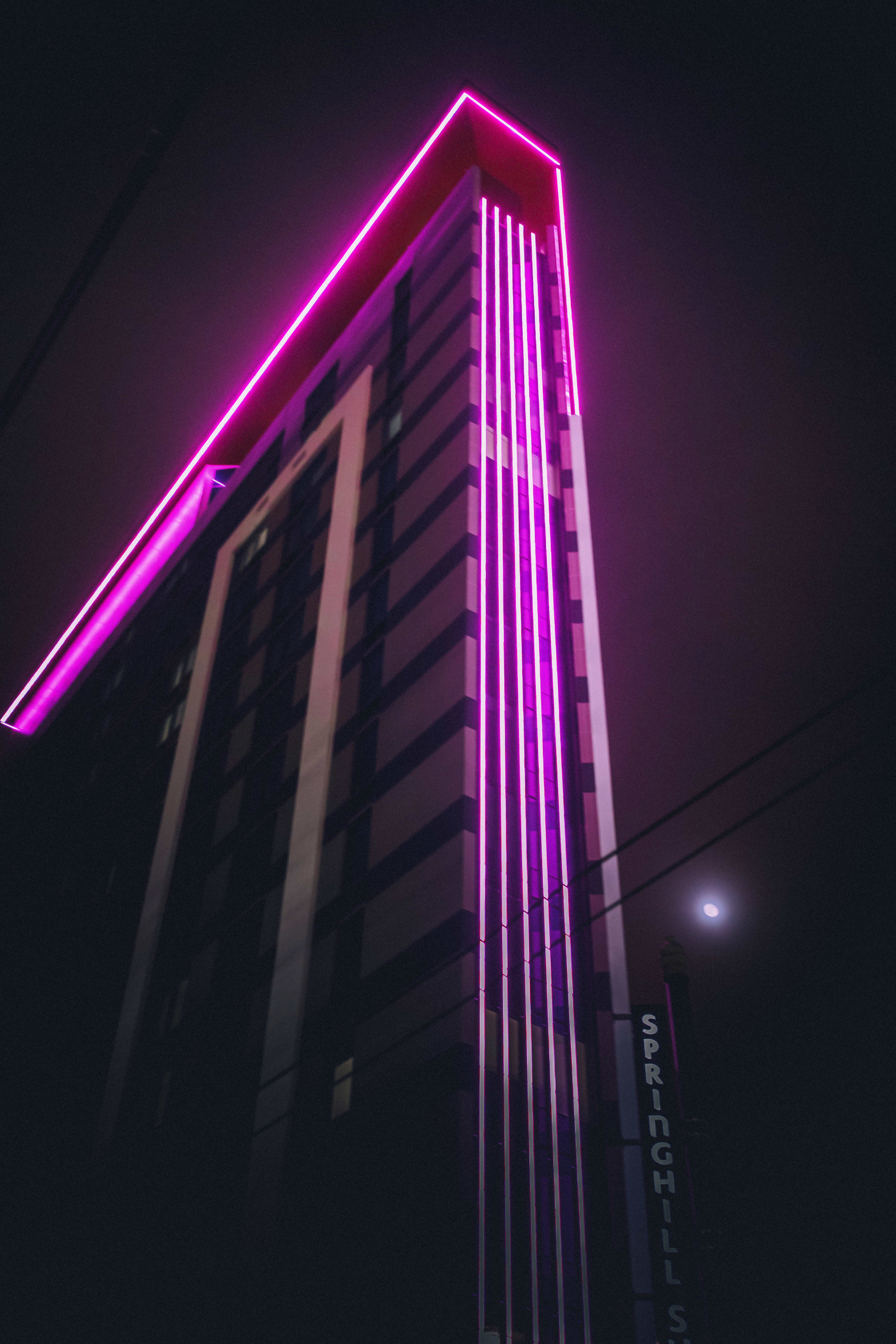 neon light building, purple aesthetic, vibrant pink neon lights, 5K Phone Wallpaper