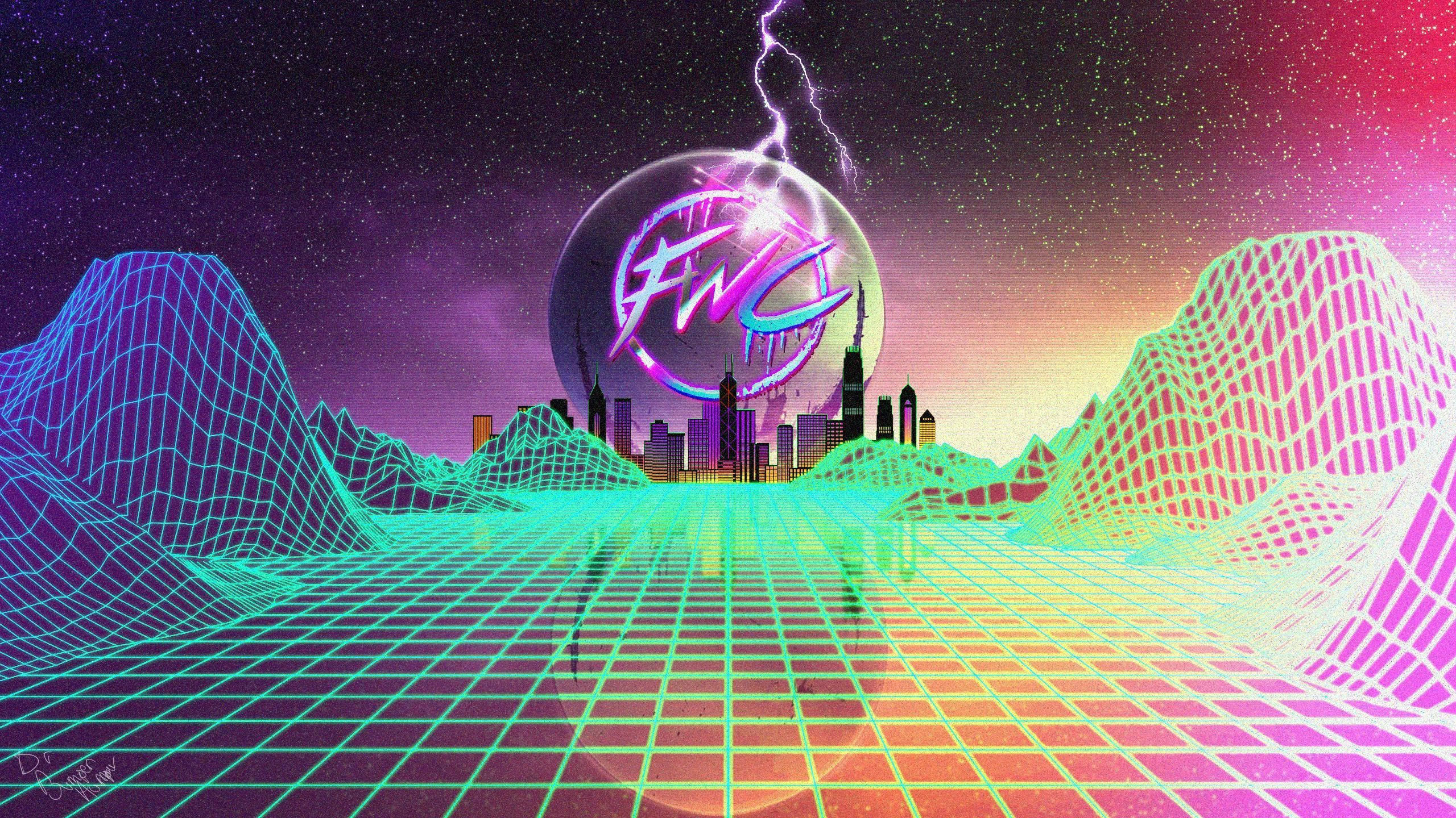 neon grid landscape, starry sky, glowing sphere, 2K Desktop Wallpaper