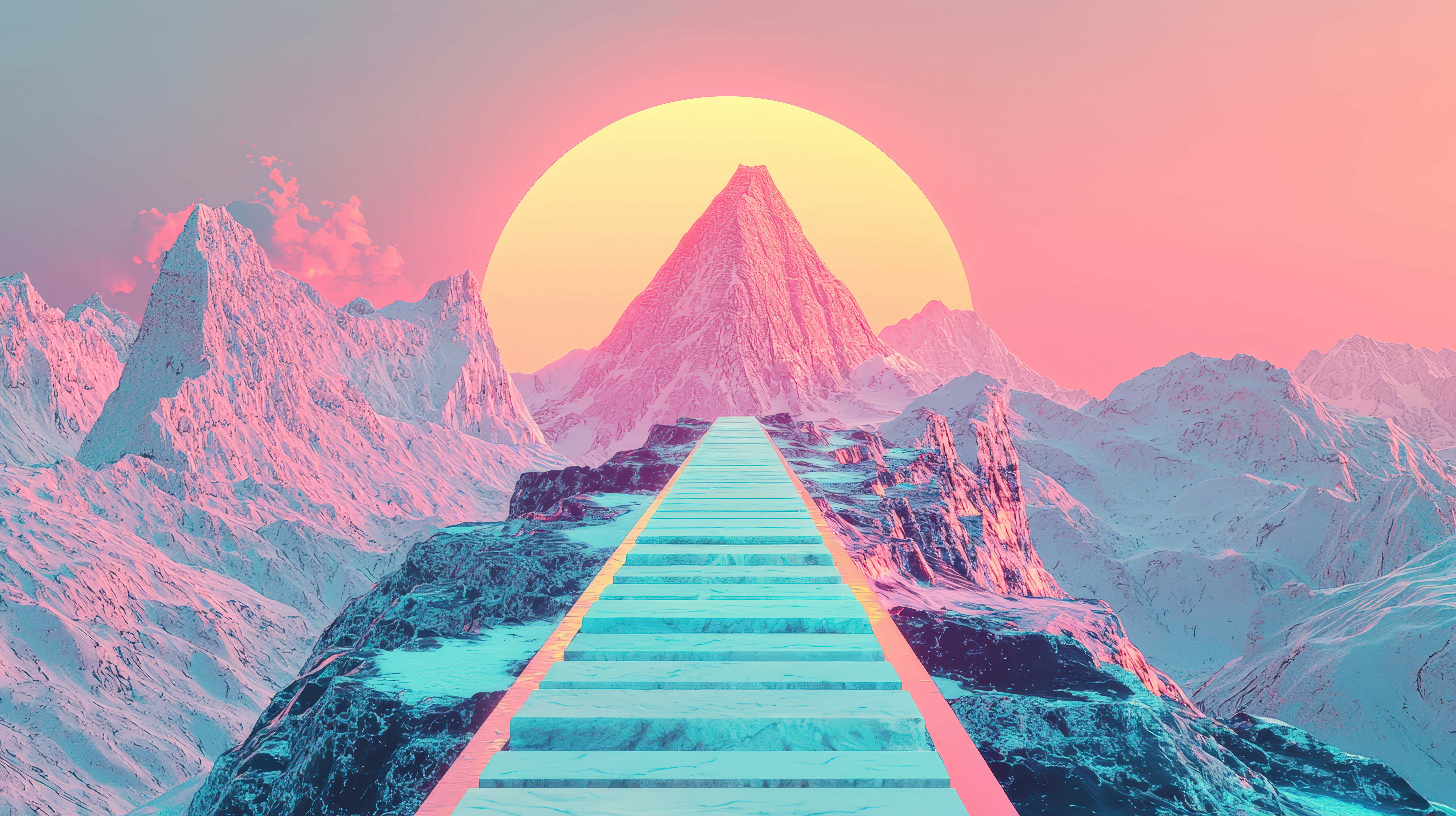 glowing cyan staircase, snowcapped mountains, radiant pink and yellow sun, 8K Desktop Wallpaper