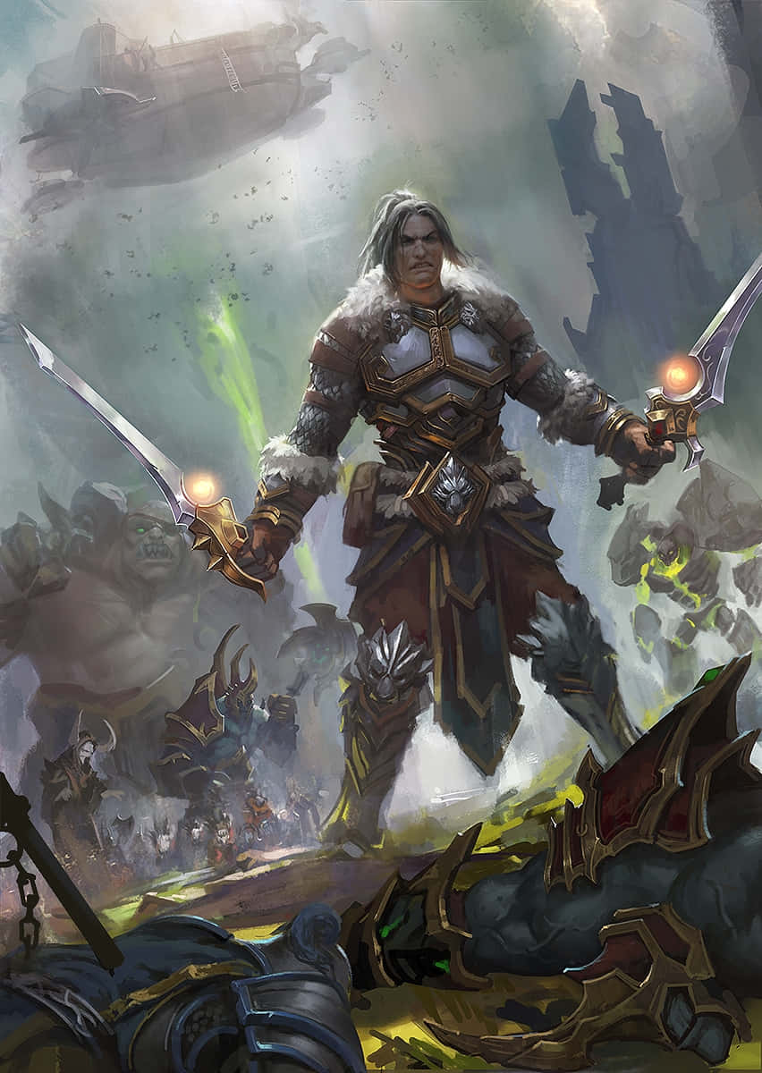Varian Wrynn, epic battle stance, glowing swords, SD Phone Wallpaper