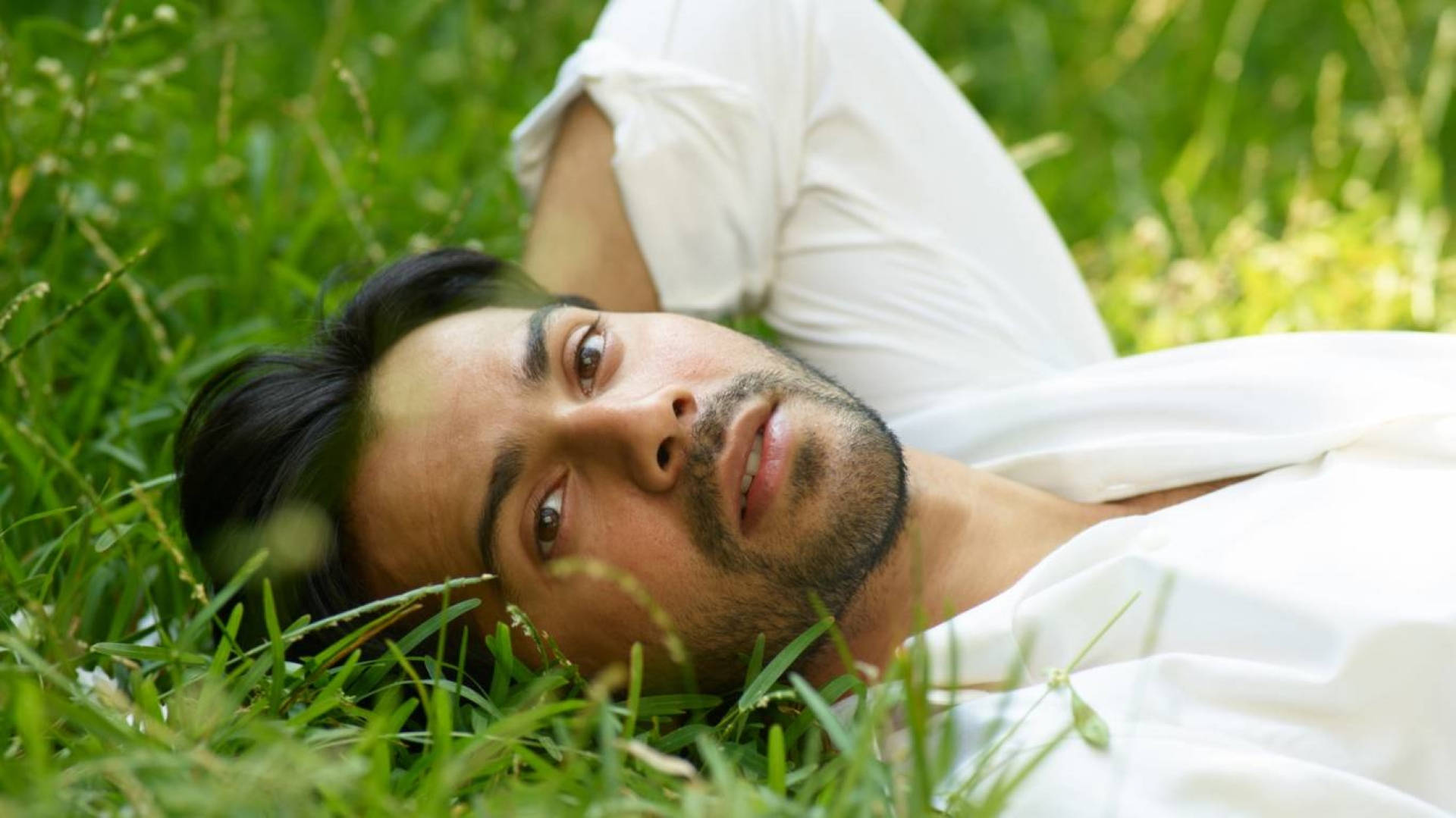 Varun Dhawan, white shirt, vibrant green grass, Full HD Desktop Wallpaper