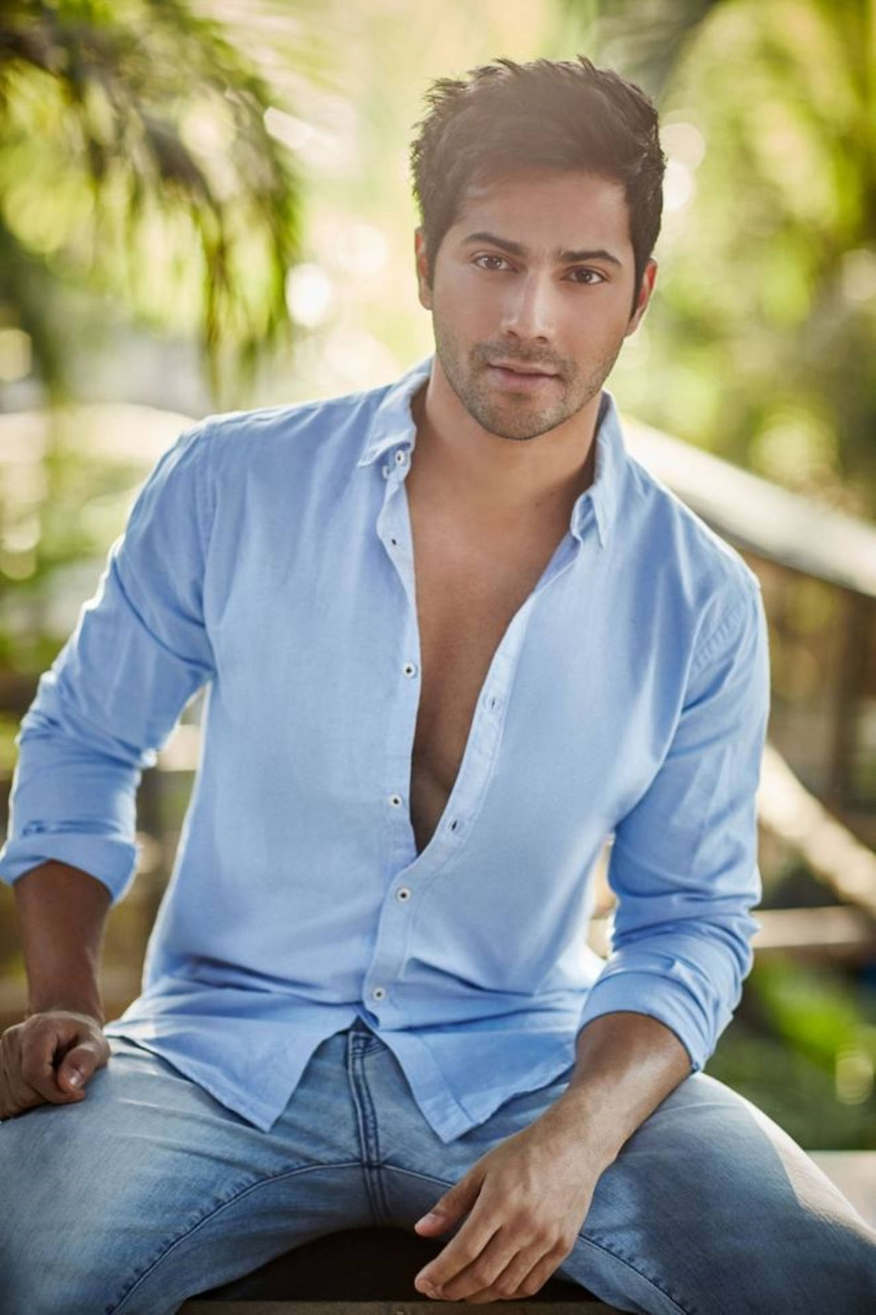 Varun Dhawan, light blue shirt, palm trees, Full HD Phone Wallpaper