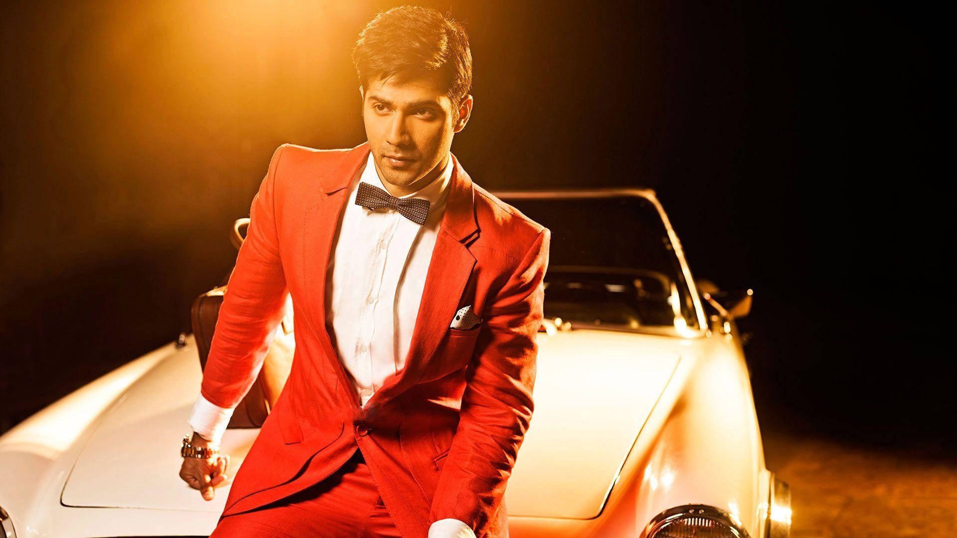 Varun Dhawan, vintage car, red suit, Full HD Desktop Wallpaper