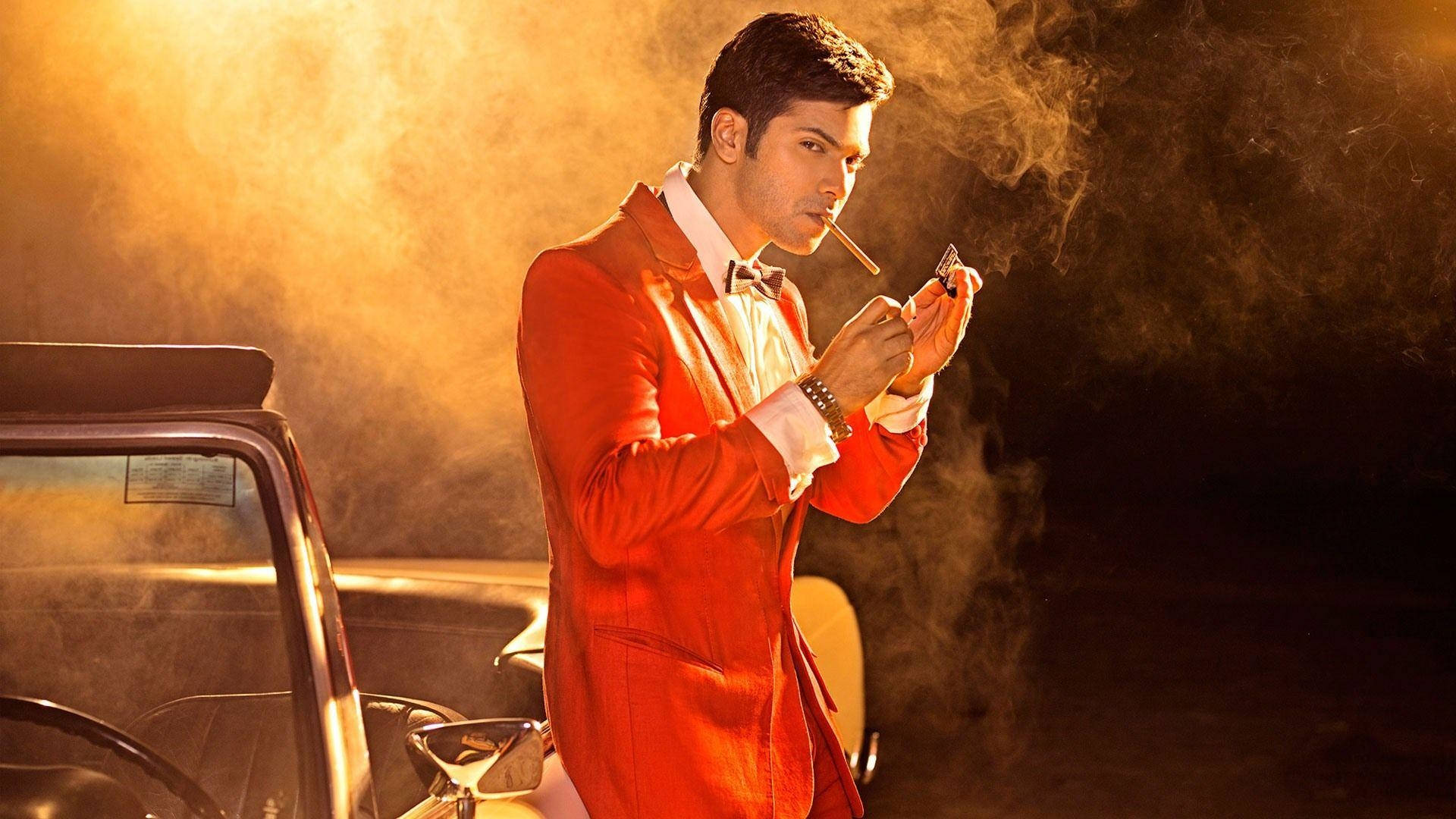 Varun Dhawan, red suit, vintage car, Full HD Desktop Wallpaper