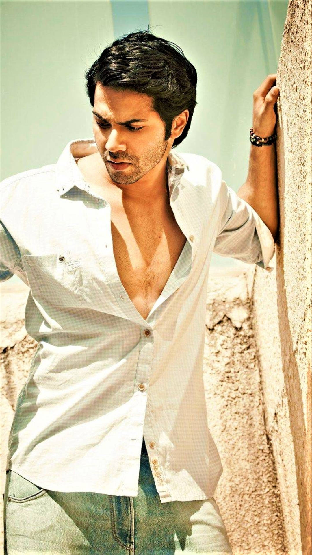 Varun Dhawan, white shirt, textured wall, Full HD Phone Wallpaper