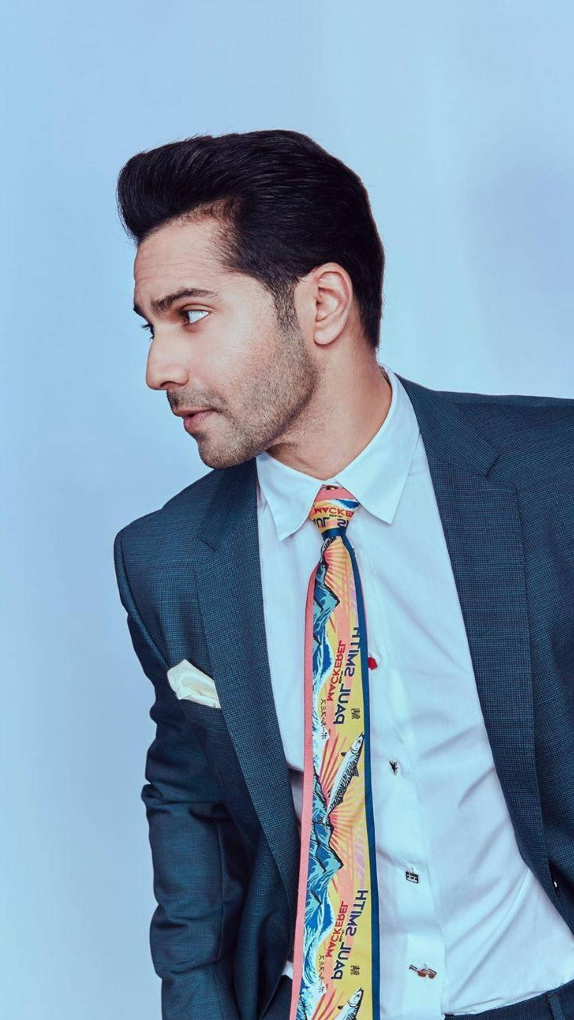 Varun Dhawan, dark suit, vibrant tropical tie, Full HD Phone Wallpaper