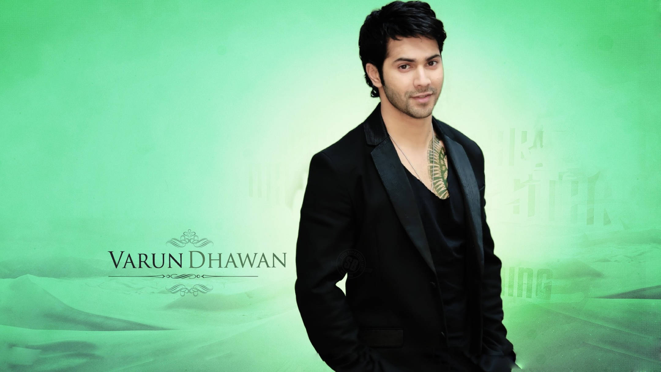 Varun Dhawan, black suit, gradient green background, Full HD Desktop Wallpaper