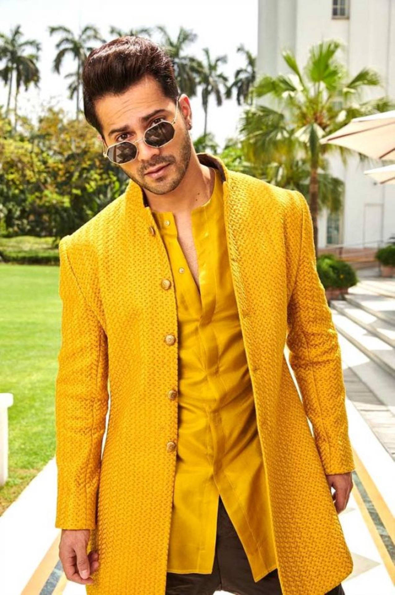 Varun Dhawan, yellow sherwani, palm trees, Full HD Phone Wallpaper