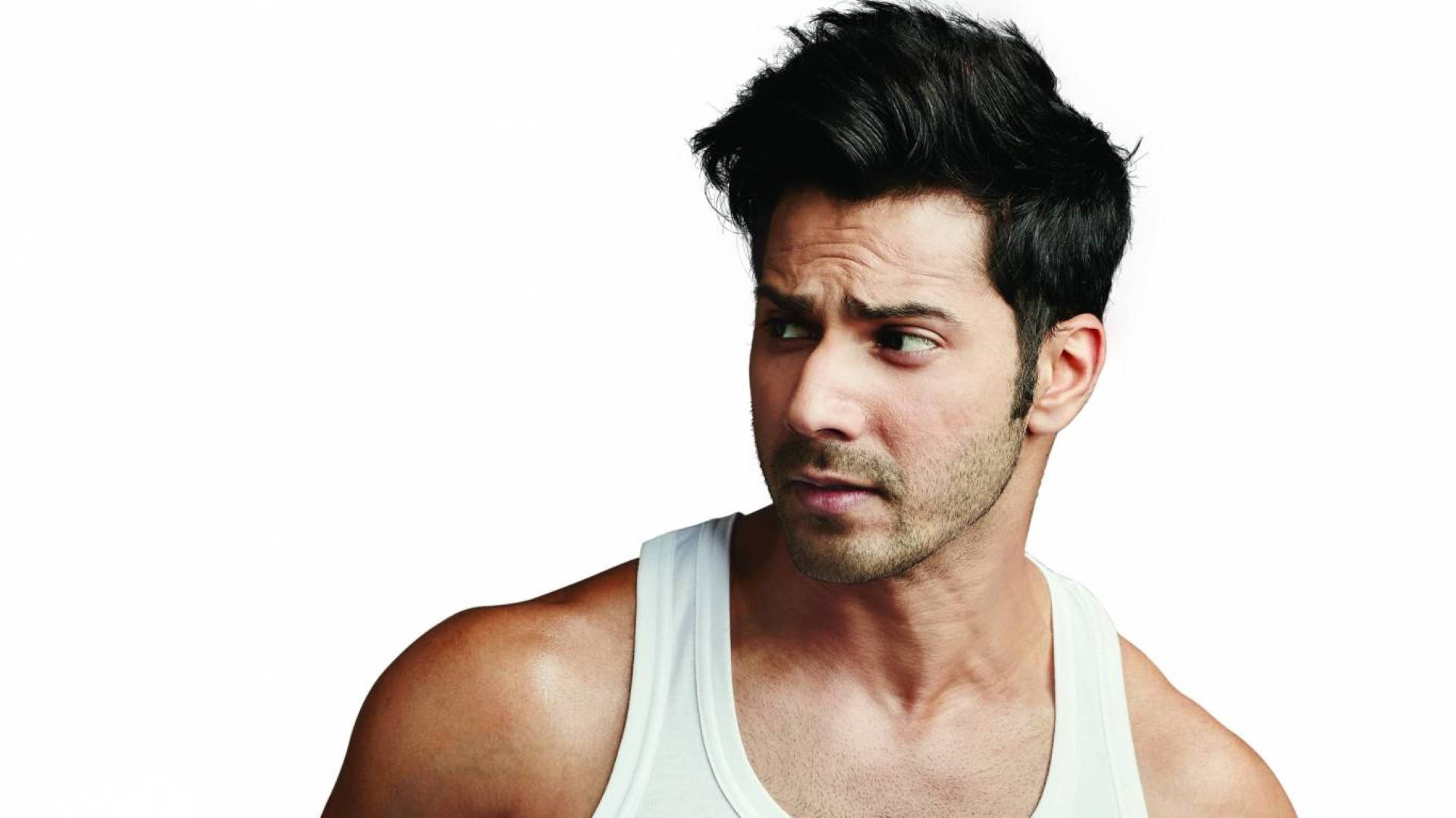 Varun Dhawan, white tank top, dark hair, Full HD Desktop Wallpaper
