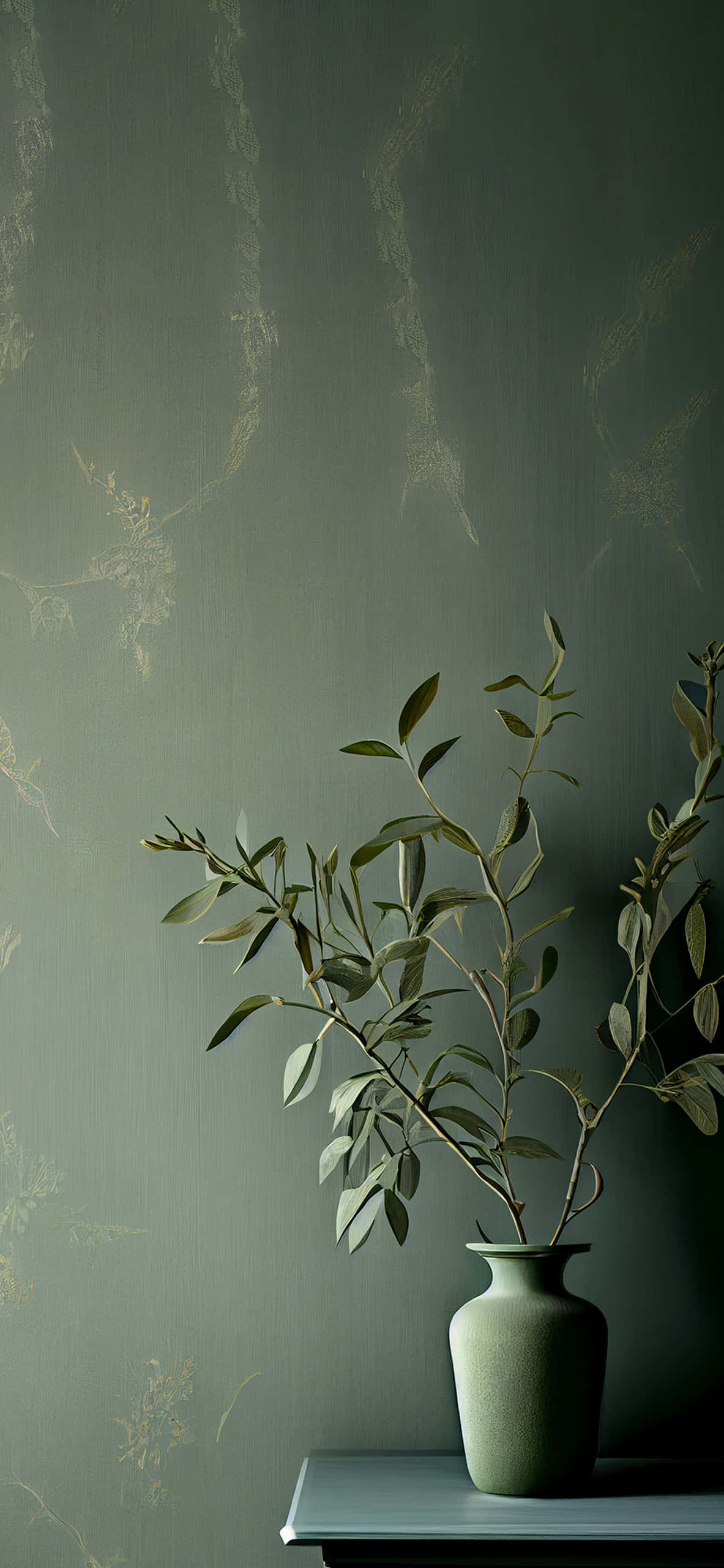 minimalist green vase, olive branches, muted green wallpaper, 2K Phone Wallpaper