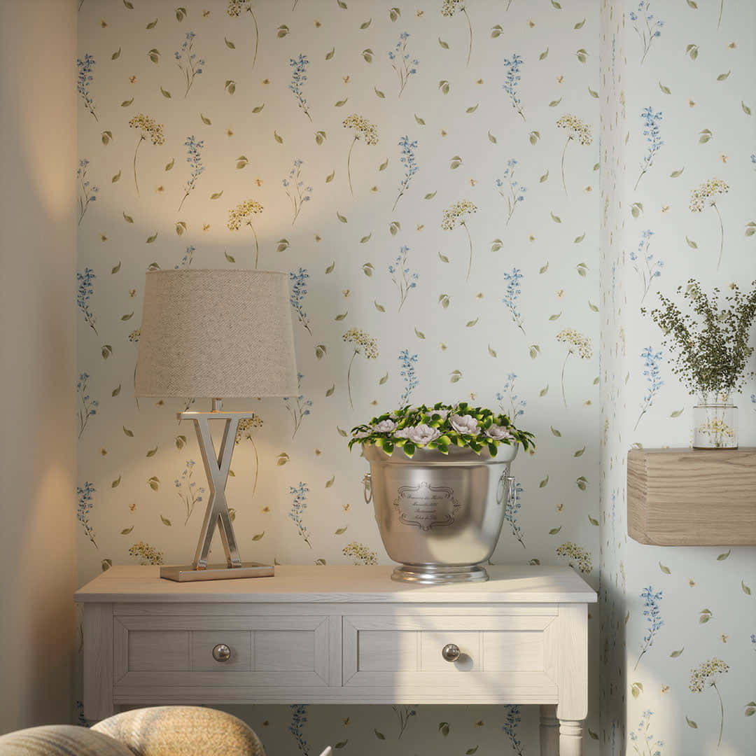 silver bucket of flowers, white console table, floral wallpaper, SD Desktop Wallpaper