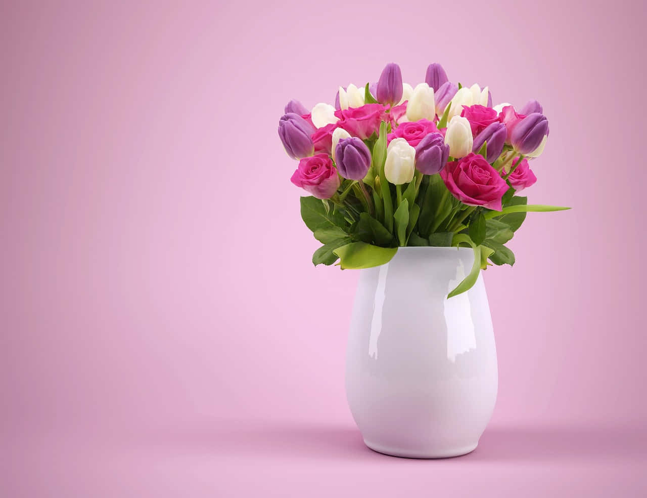 white vase, pink roses, purple tulips, HD Desktop Wallpaper