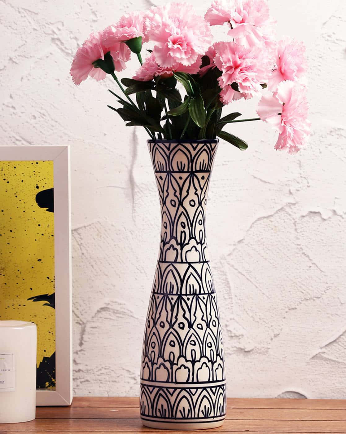 elegant patterned vase, pink carnations, black and white patterned, HD Phone Wallpaper