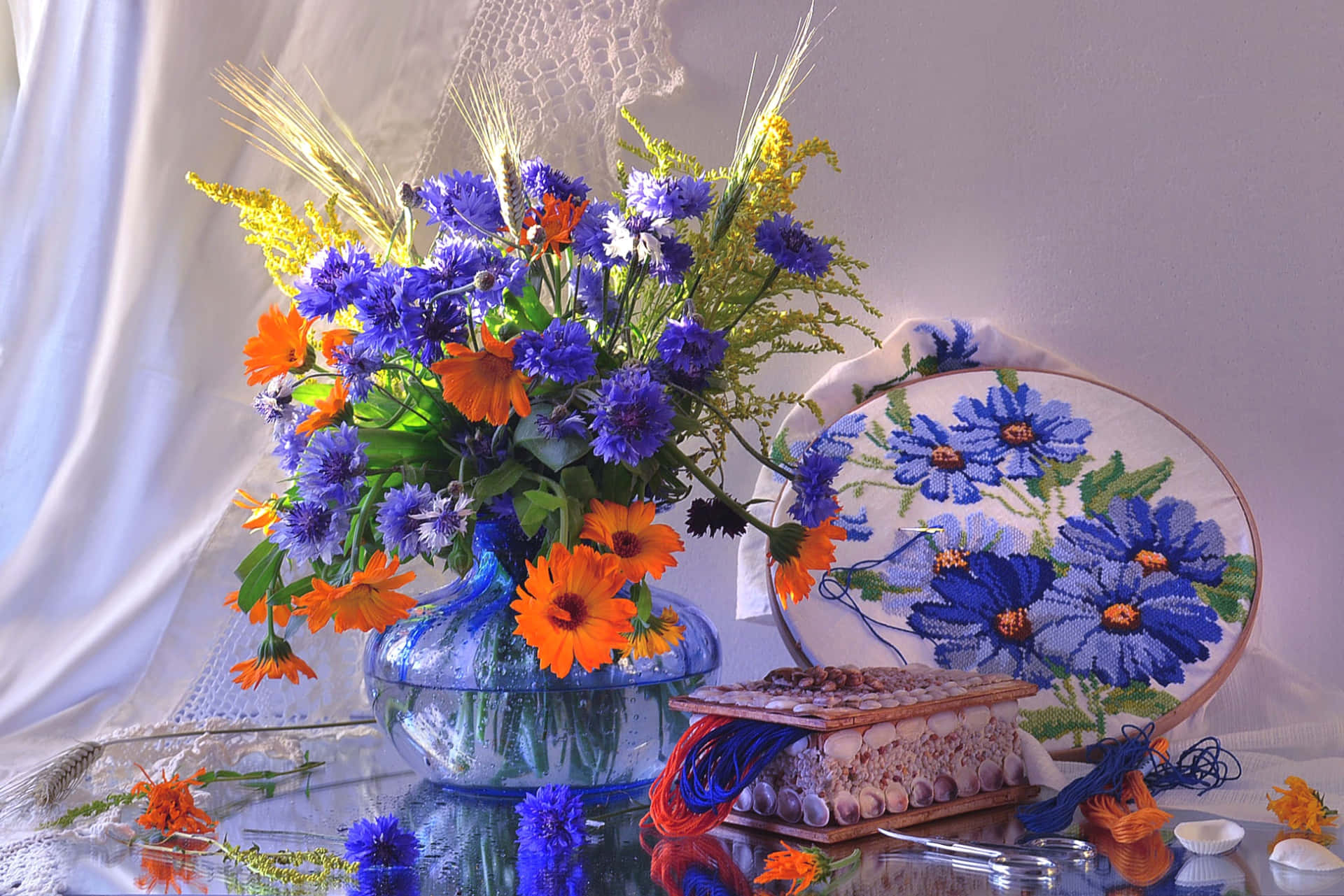 blue glass vase, purple and orange flowers, hoop with blue floral embroidery, Full HD Desktop Wallpaper