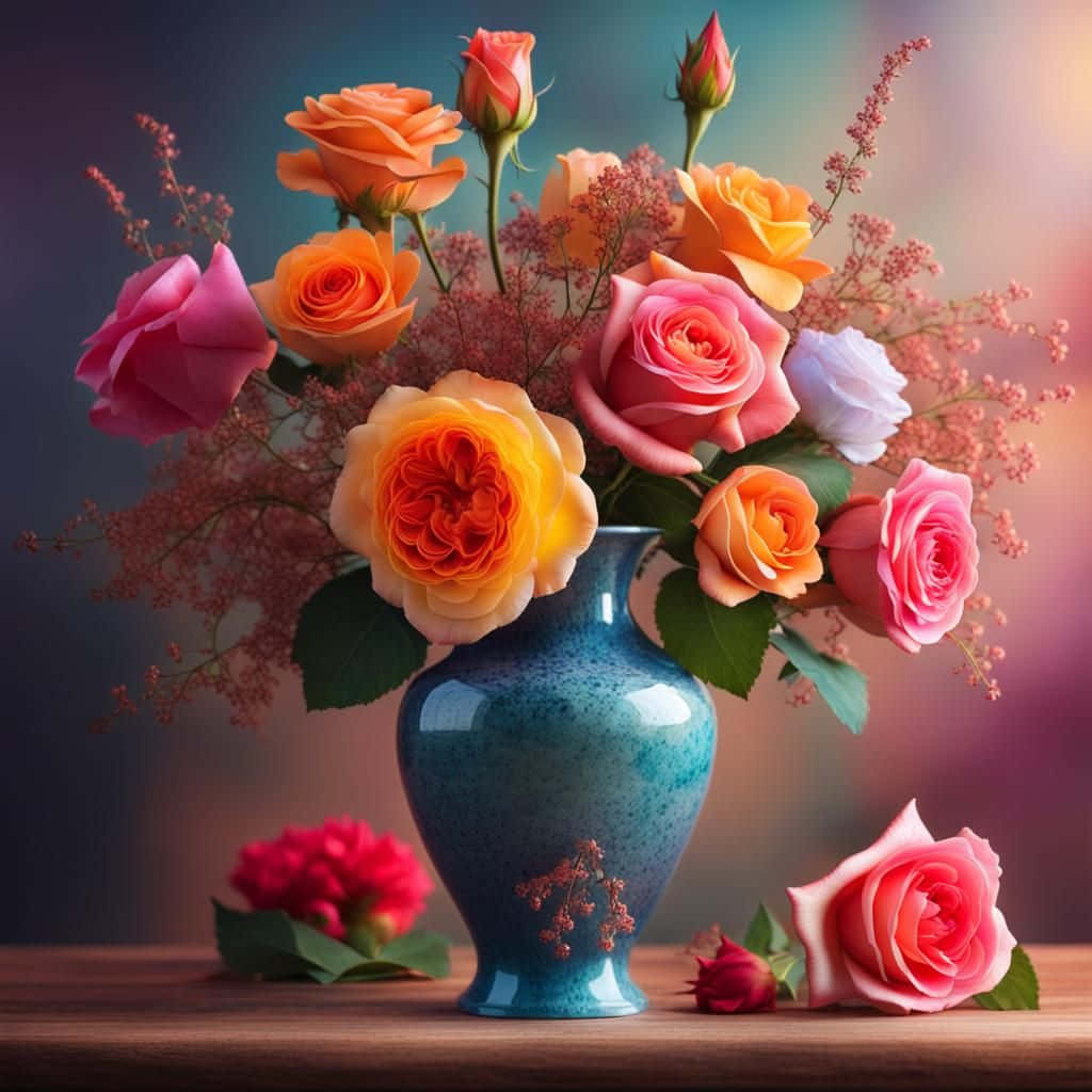 colorful roses, blue vase, speckled blue vase, SD Desktop Wallpaper