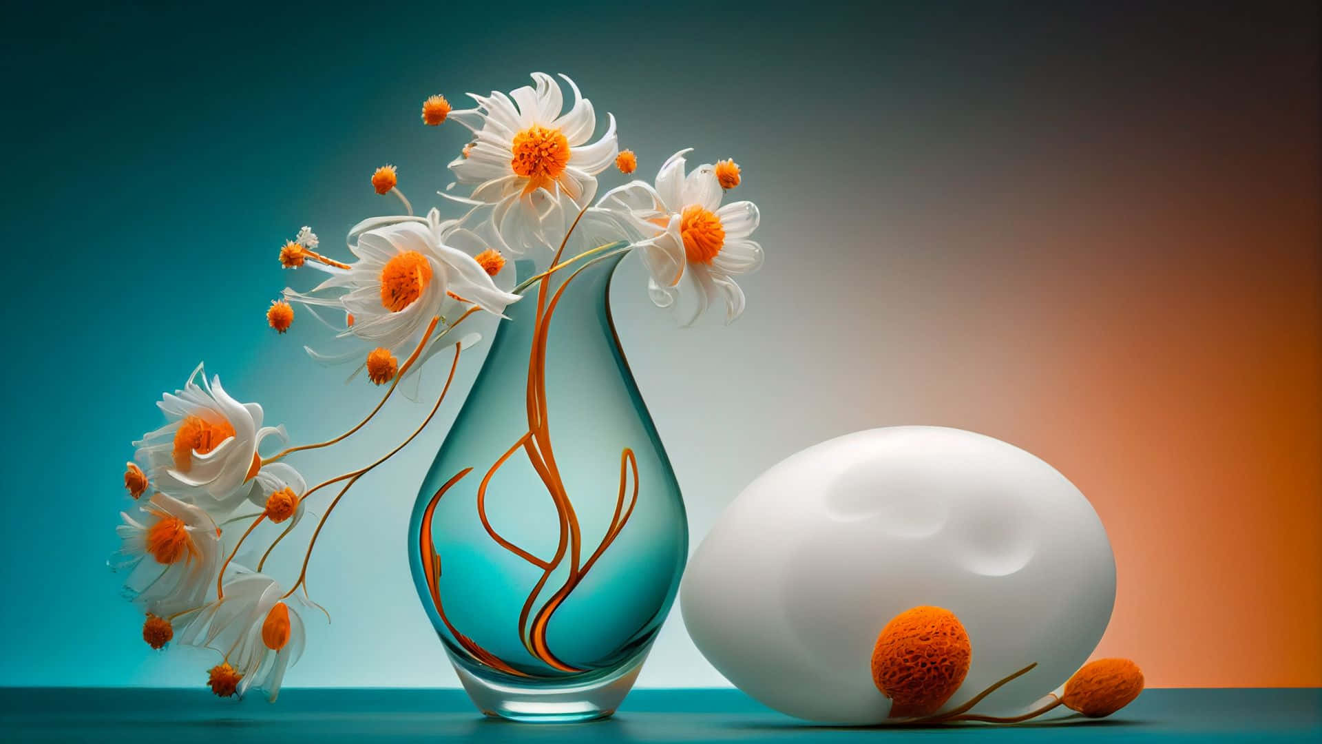 glass vase, white daisies, orange centers, Full HD Desktop Wallpaper