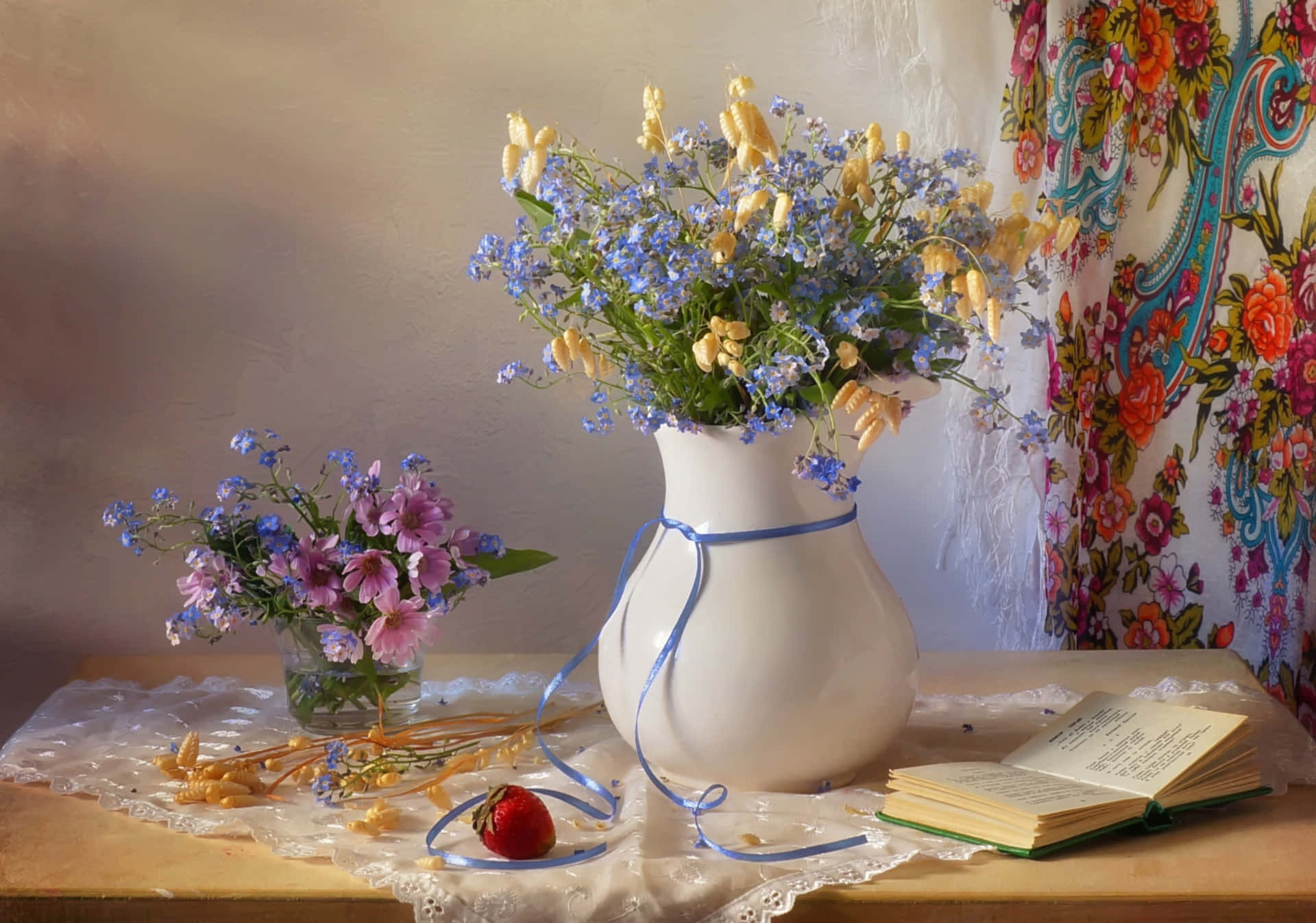 white vase, blue and yellow flowers, small glass vase, Full HD Desktop Wallpaper