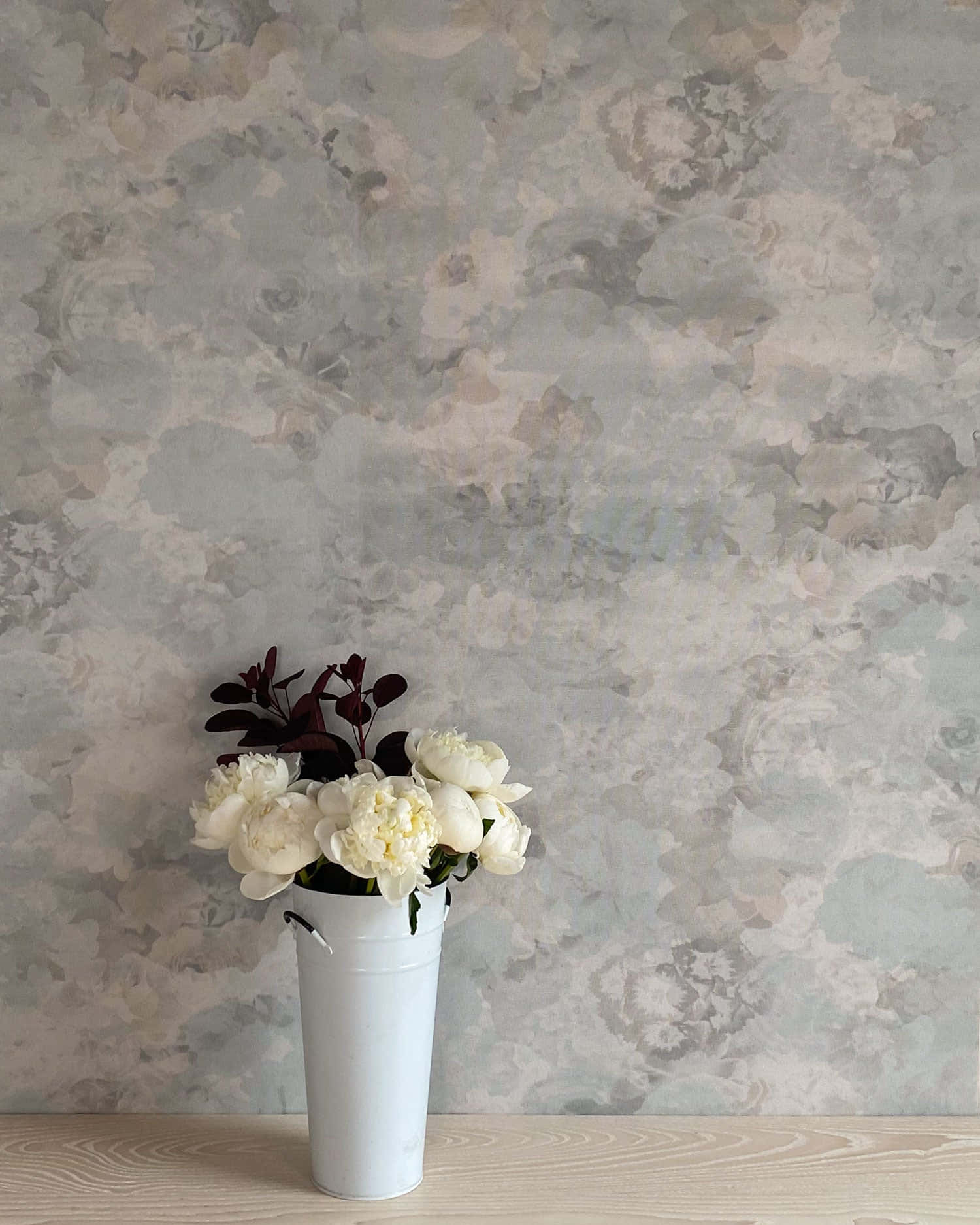 white metal bucket, creamy peonies, burgundy leaves, HD Phone Wallpaper